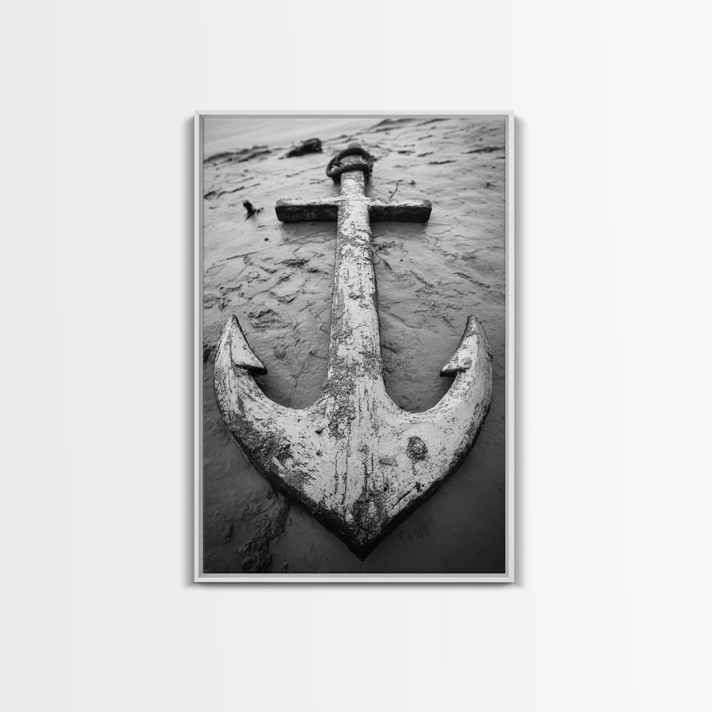Abandoned Anchor, Nautical Decor, Black White Beach, Framed Canvas Print, Rustic Coastal Wall Art, Entryway Nautical Accent