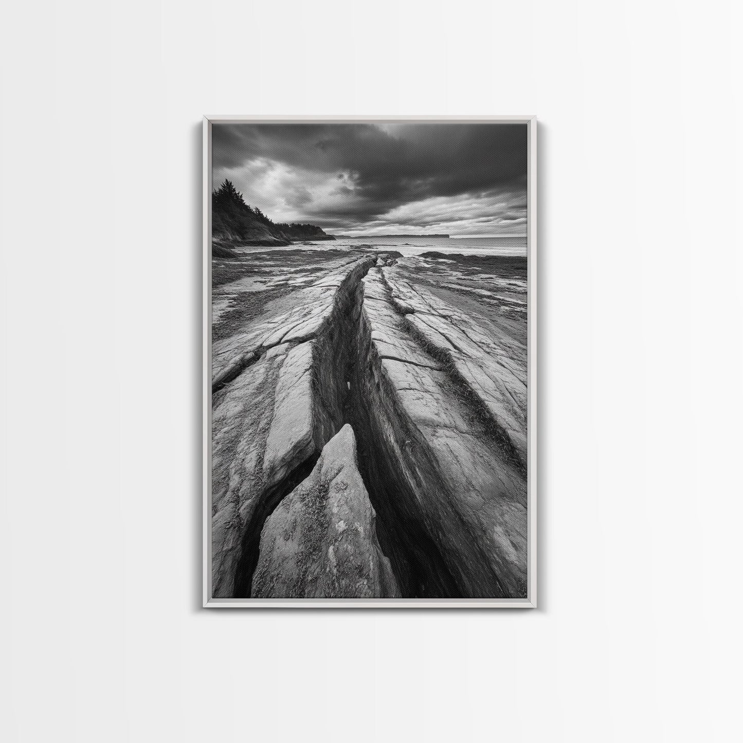 Coastal Rock Divide, Nature Pathway, Moody Beach Print, Living Room Decor, Framed Canvas Print, Minimalist Earthy Wall Art, Den Decor
