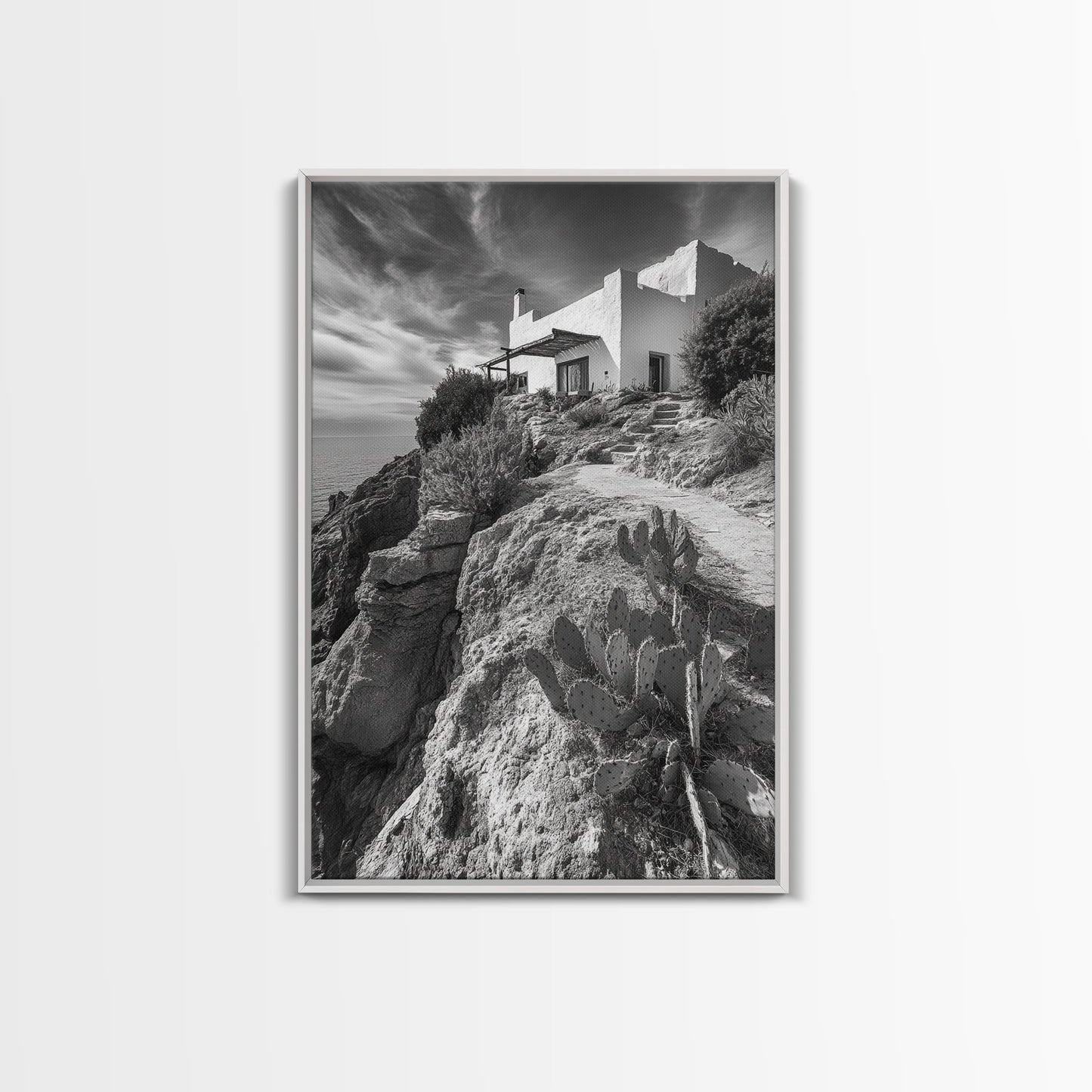 Cliffside Villa, Mediterranean Home, Desert Garden, Rustic Landscape Print, Framed Canvas Print, Modern Boho Living Room Art