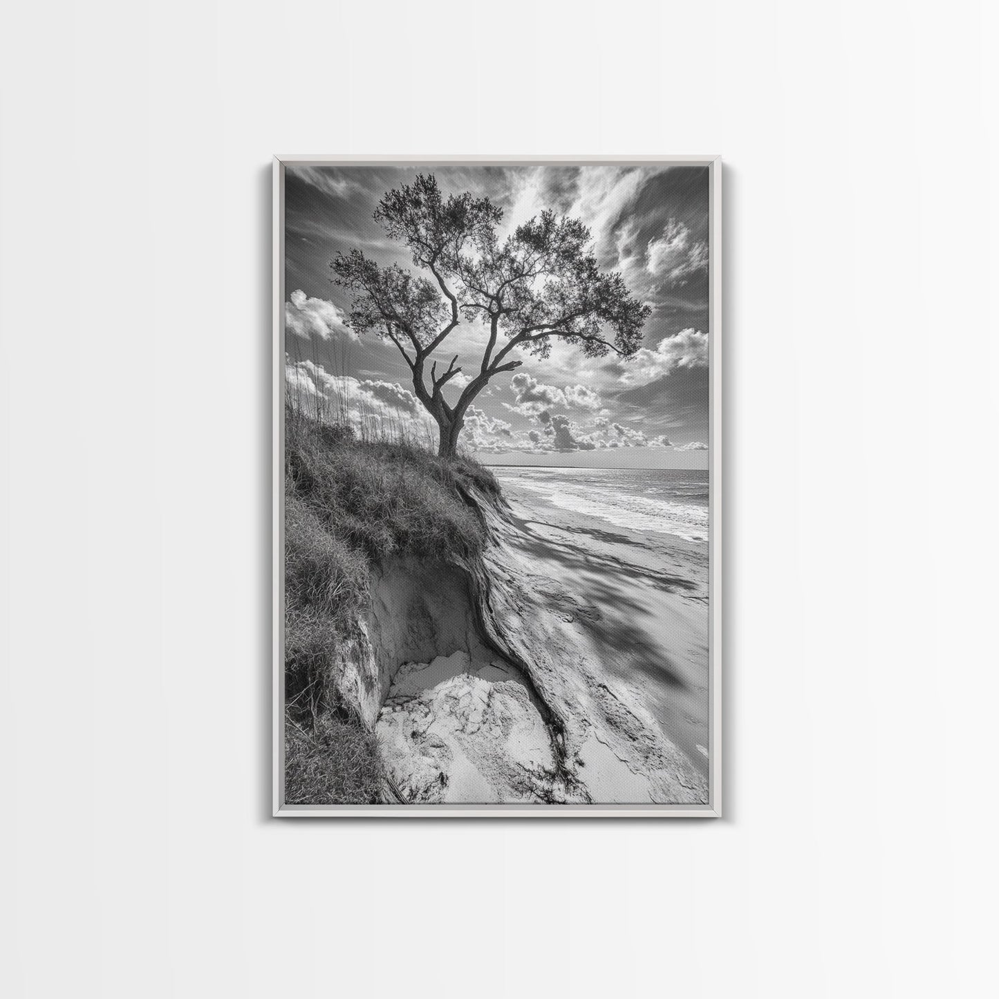 Coastal Tree Scene, Wind Swept Dune, Ocean Beach Horizon, Autumn Coastal Wall Art, Framed Canvas Print, Nature Lover Home Decor