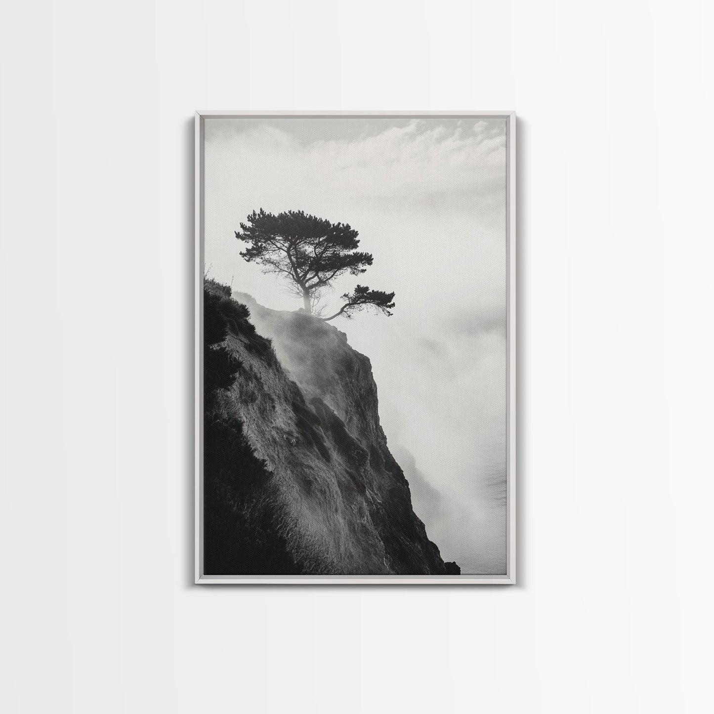 Lone Cliff Tree, Foggy Landscape, Nature Wall Decor, Framed Canvas Print, Minimalist Tree Art, Tranquil Living Room Wall Art
