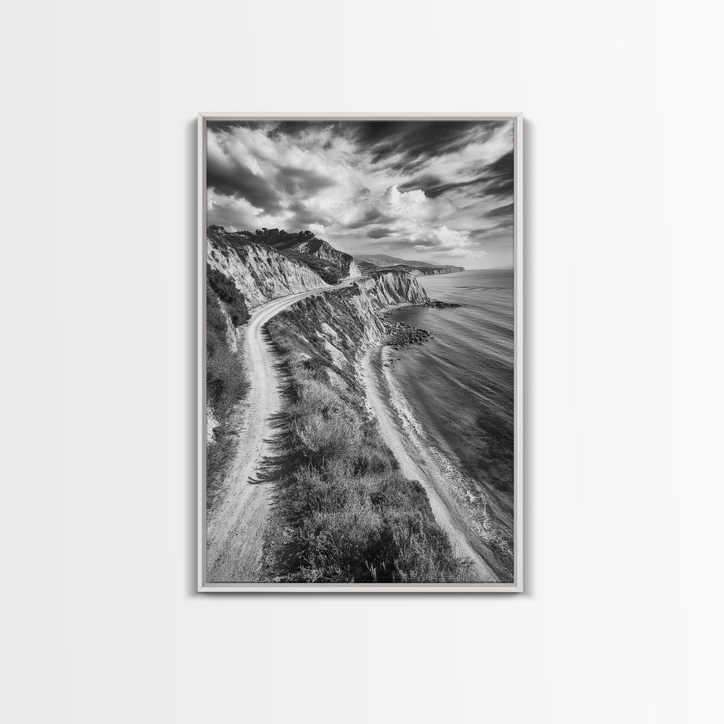 Coastal Mountain Trail, Ocean View, Travel Photography, Framed Canvas Print, Scenic Landscape Art, Office or Hallway Wall Art