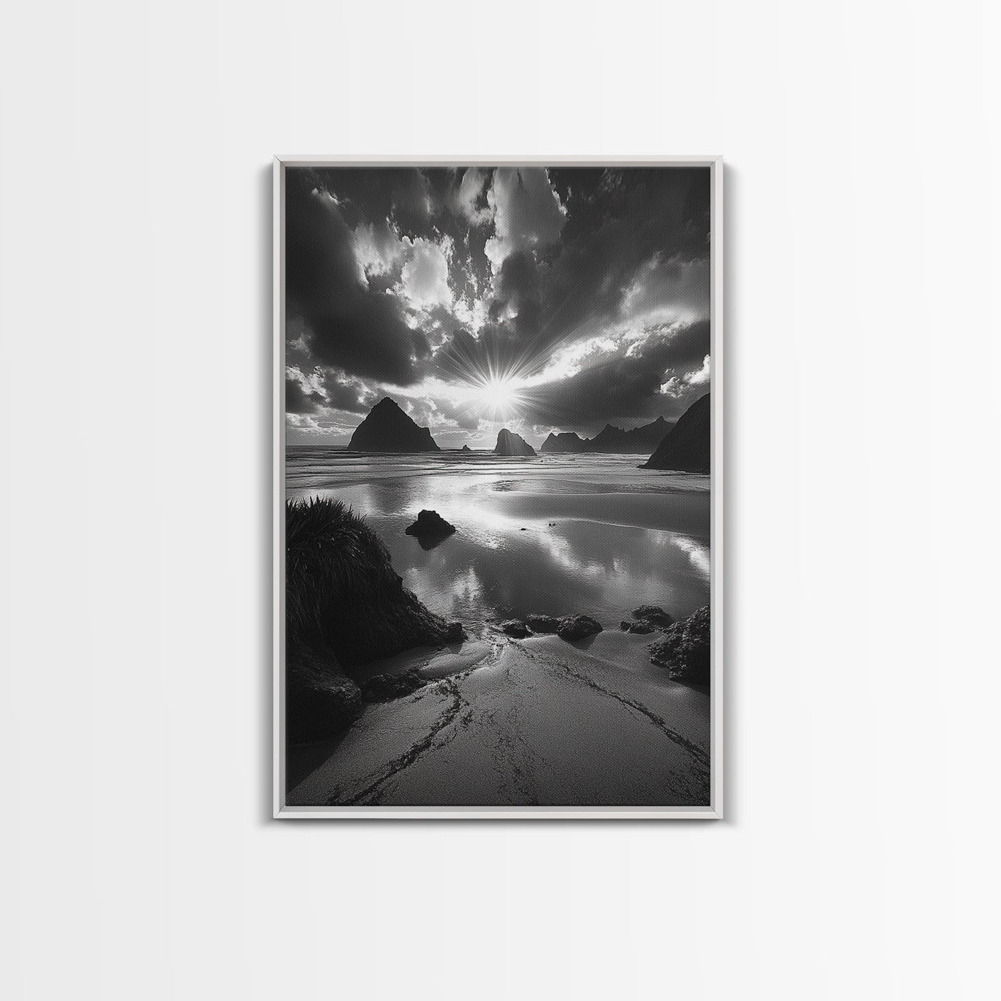 Dramatic Ocean Sunset, Coastal Mountains, Seascape Photography, Canvas Print, Stormy Sky Art, Living Room Focal Wall Decor