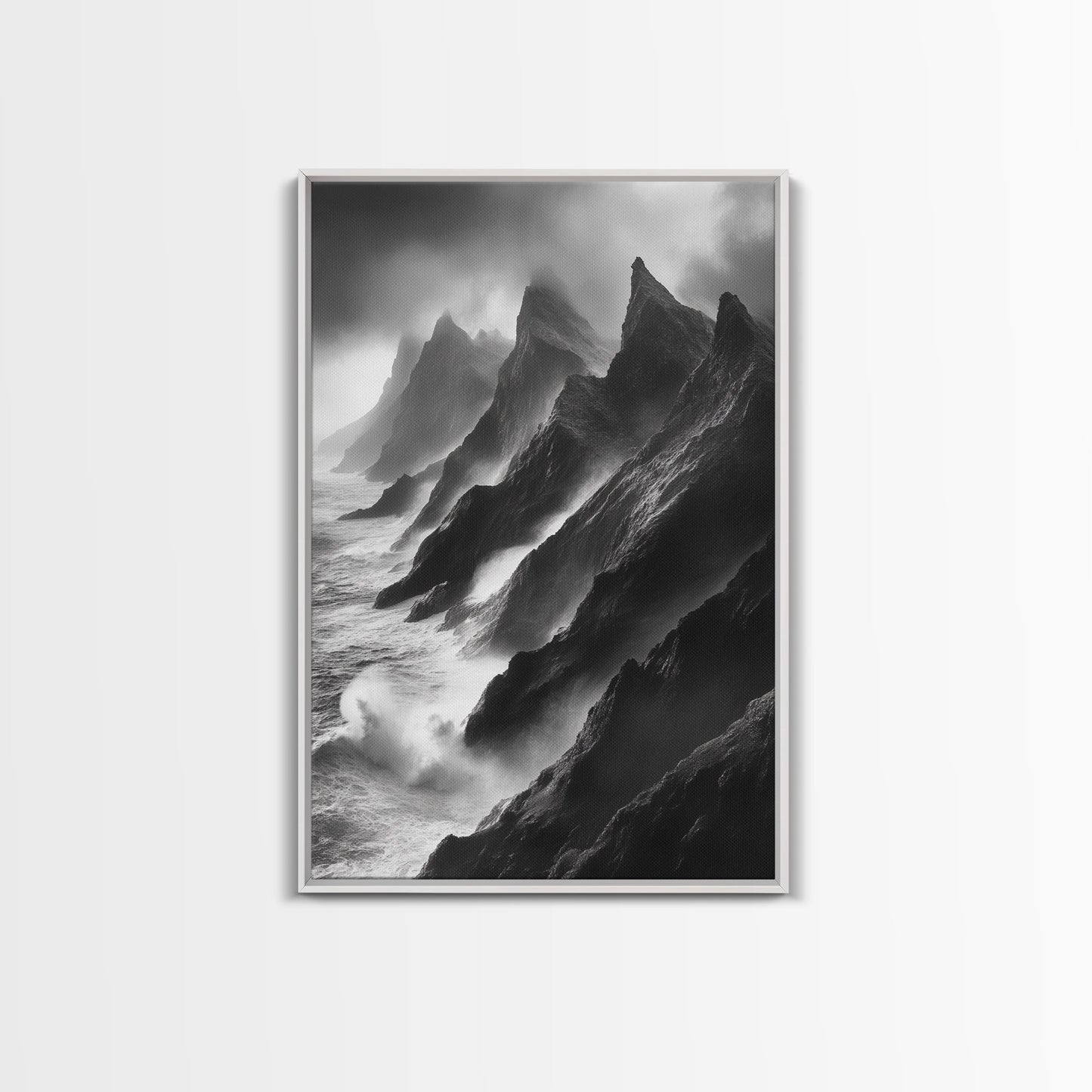 Jagged Cliff Coast, Stormy Ocean Scene, Dramatic Nature Art, Black White Photography, Framed Canvas Print, Office Wall Art, Coastal Decor