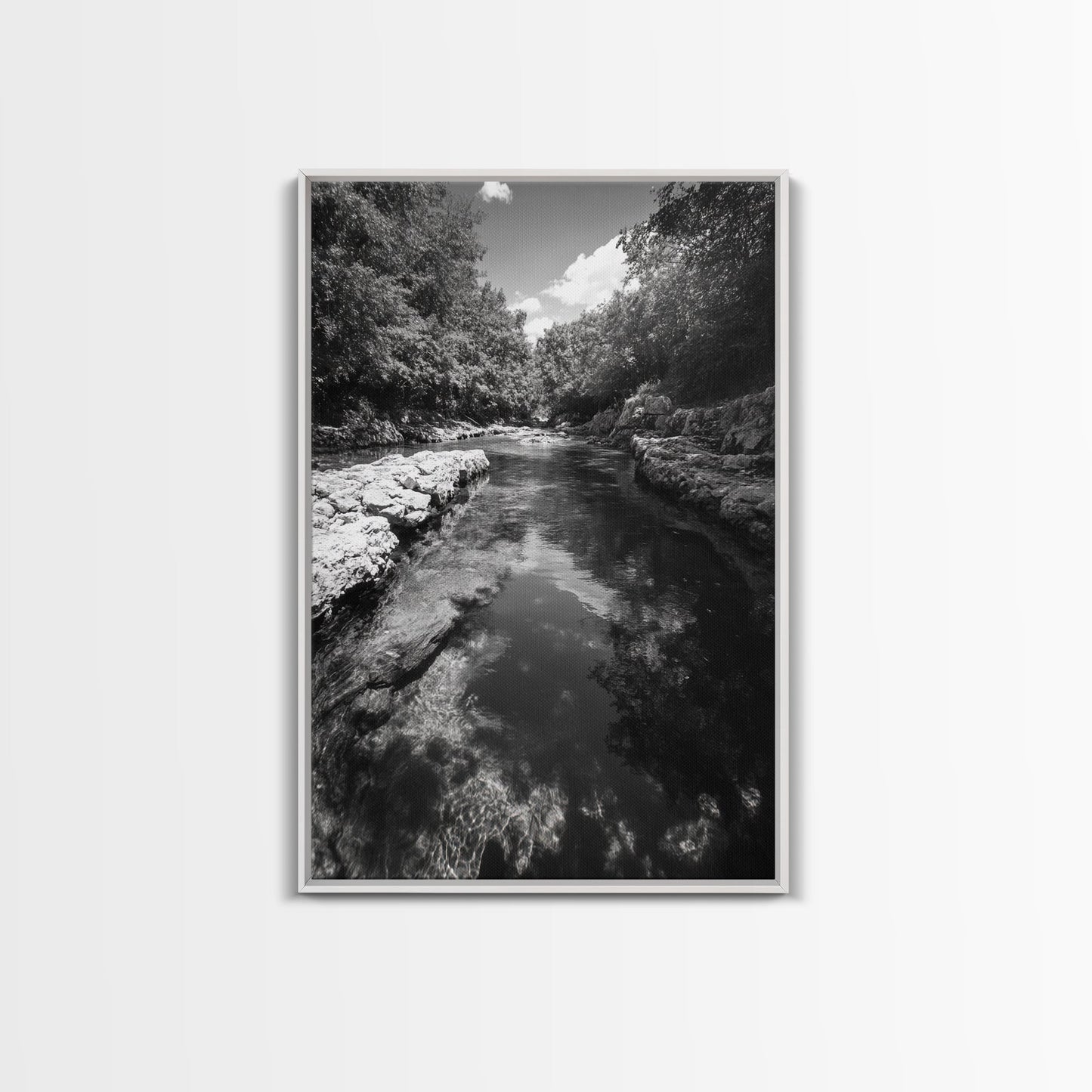 River Reflection, Nature Calm, Forest Stream, Canvas Print, Black and White Landscape Wall Art, Rustic Bathroom Decor, Tranquil Home Vibe