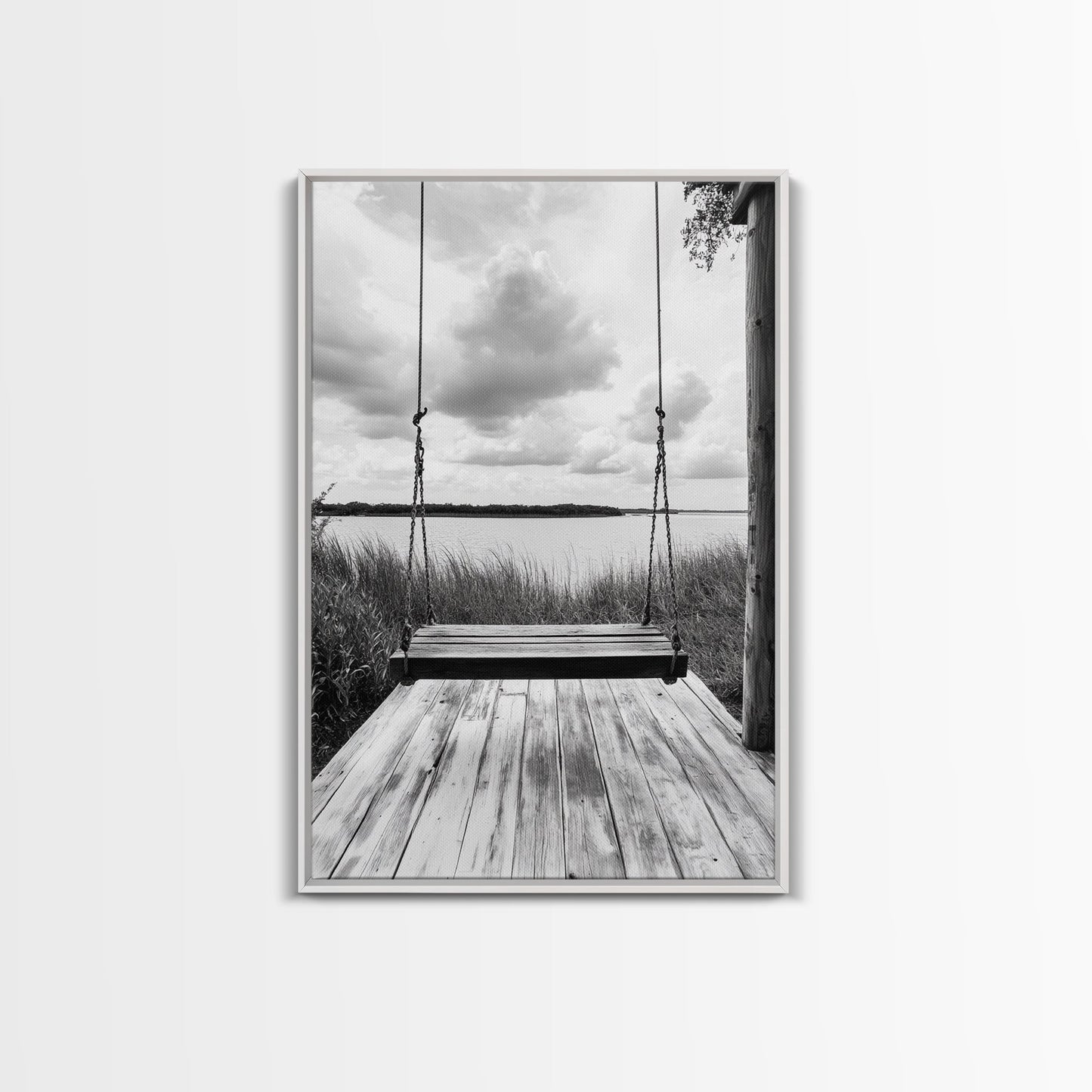 Lake Swing, Cloudy Sky, Calm View, Framed Canvas Print, Farmhouse Wall Art, Serene Kitchen Decor, Rustic Black and White Photography