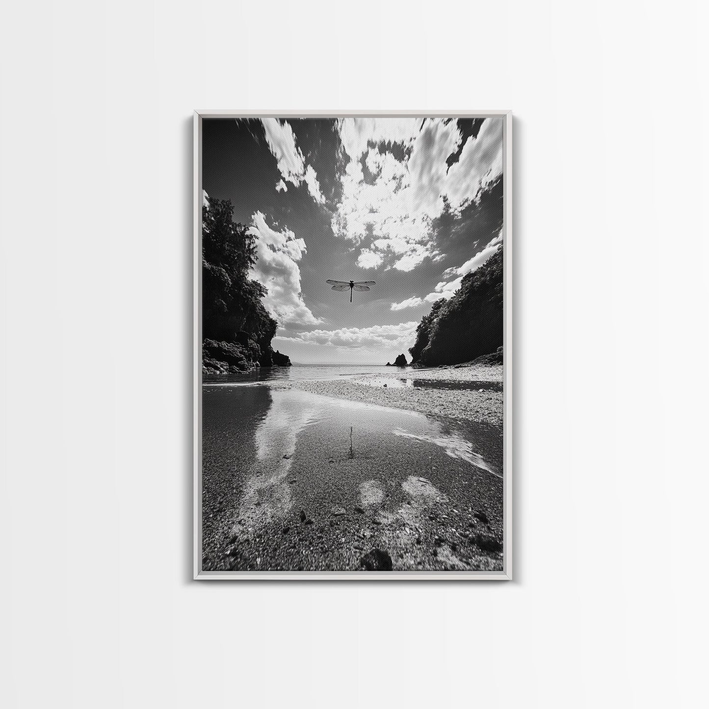 Dragonfly Flight, Beach View, Nature Dream, Framed Canvas Print, Whimsical Wall Art, Surreal Living Room Decor, Black and White Nature Style