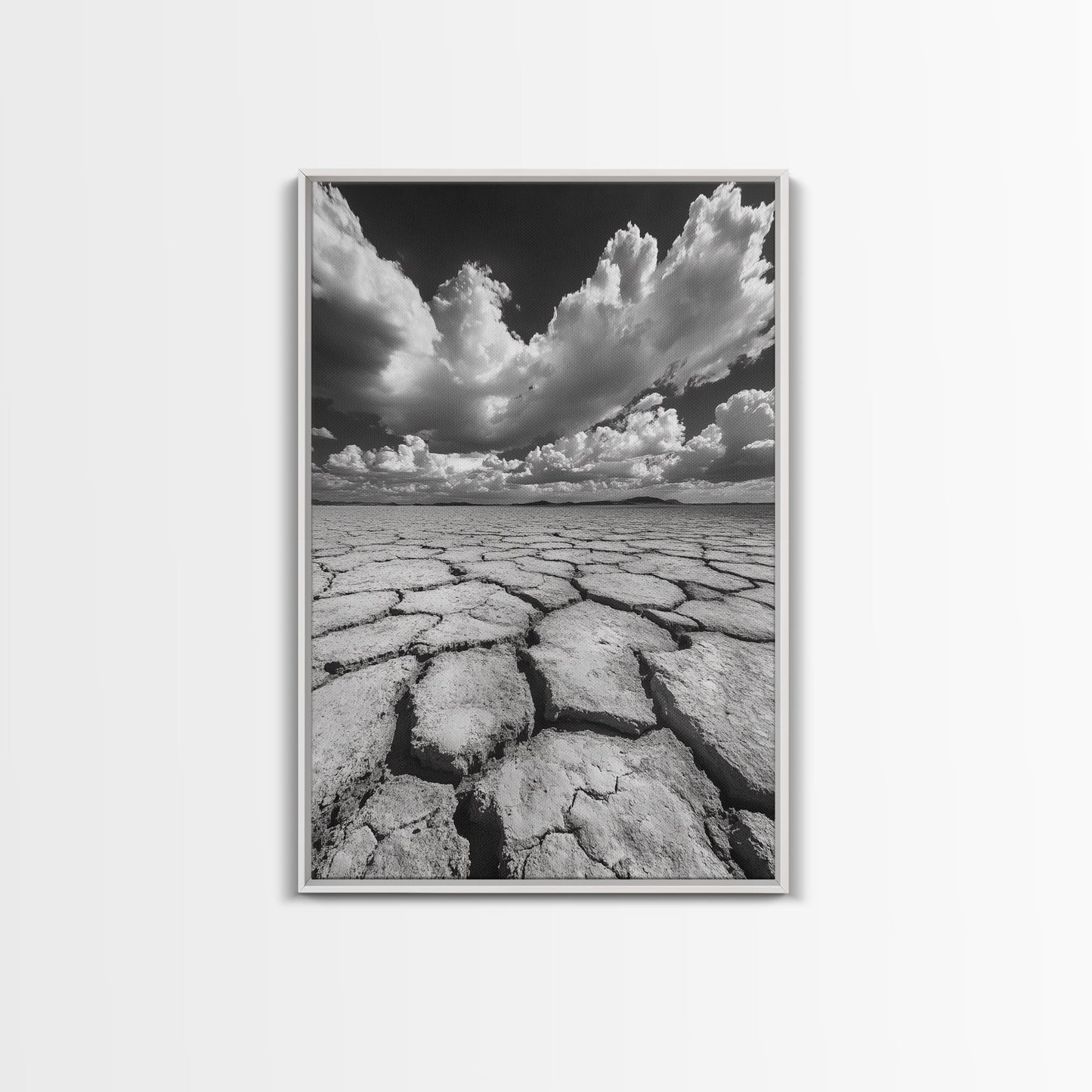 Cracked Earth, Storm Sky, Desert View, Framed Canvas Print, Dramatic Landscape Art, Modern Living Room Decor, Moody Minimalist Wall Art