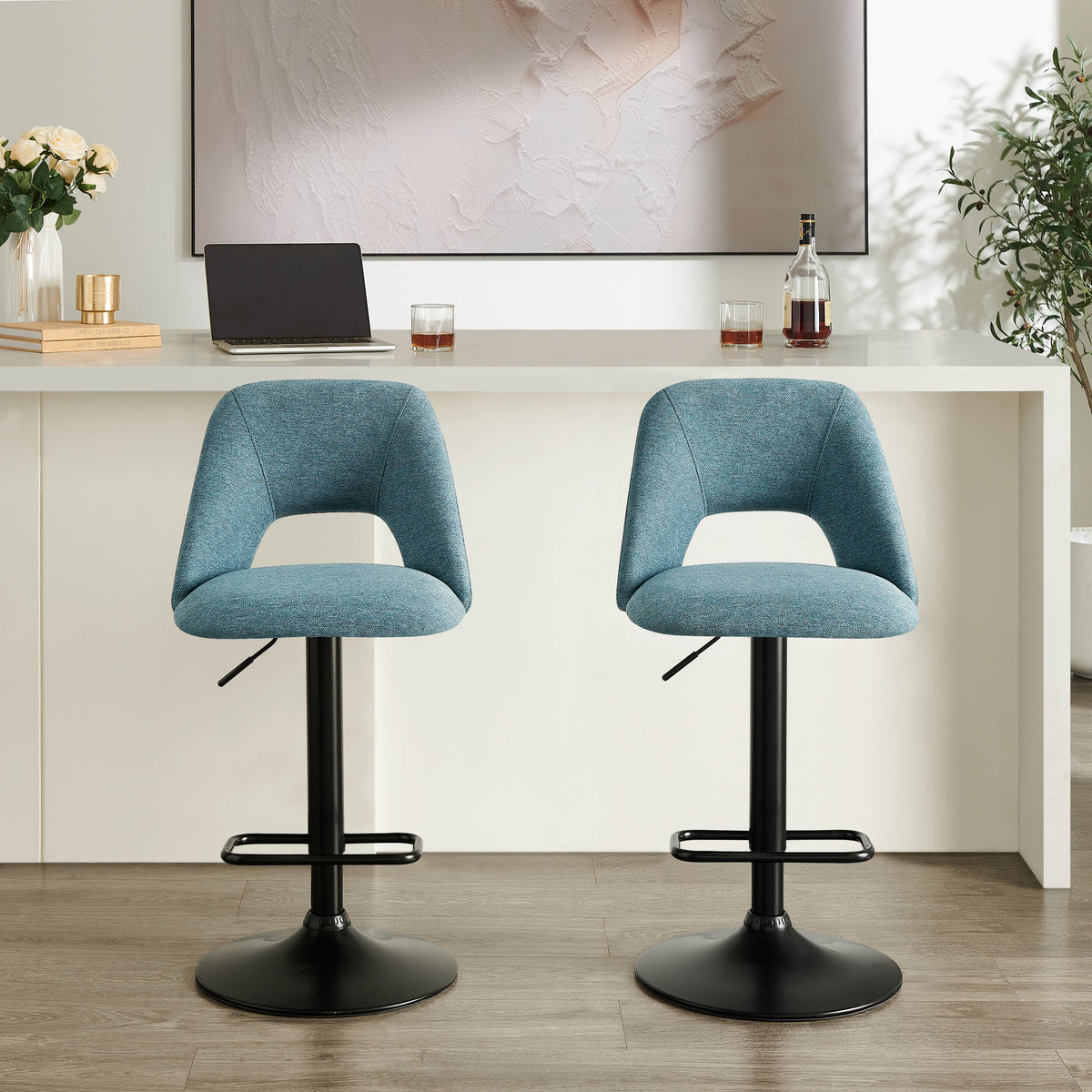 Nuvia Contemporary Adjustable Barstool with Upholstered Swivel Seats, Set of 2