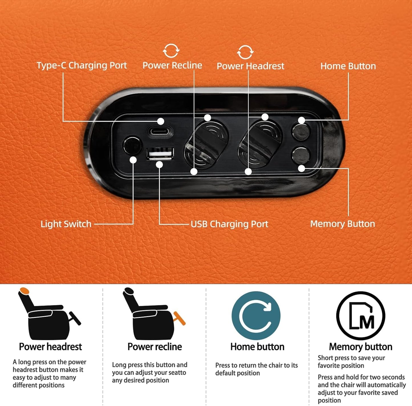 Orange Top Grain Leather Home Theater Seating Row Of Three USB Charger