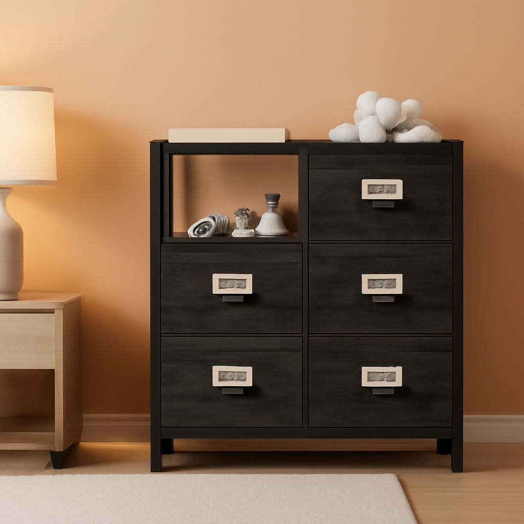Black Dresser With Five Drawers And Two Shelves Storage