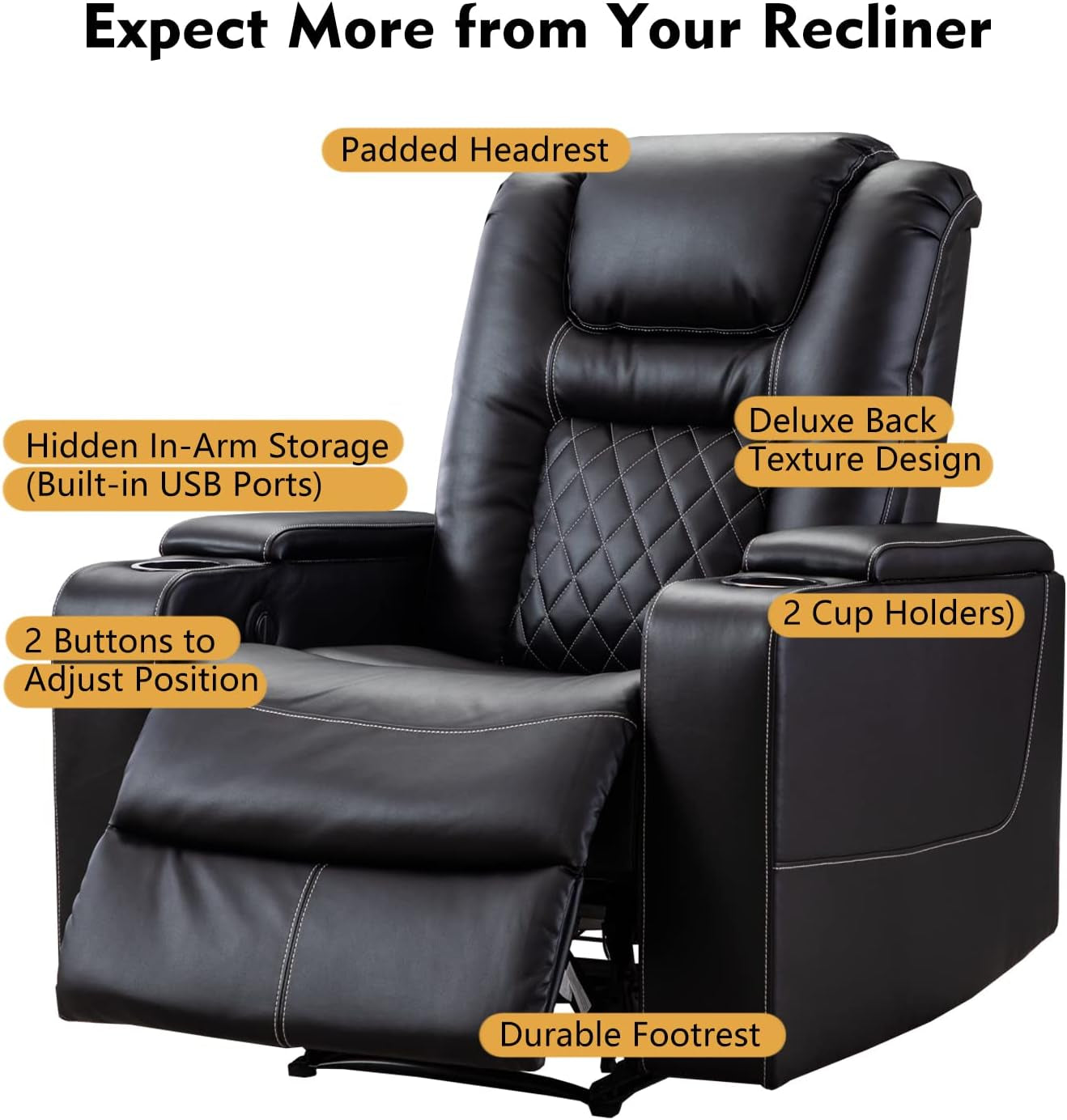 Black Leather Power Recliner With Usb And Cup Holders