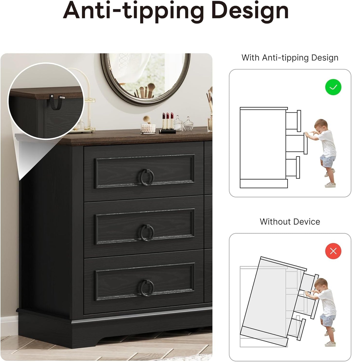 Black FortySevenPointTwoInch Wide Six Drawer Dresser