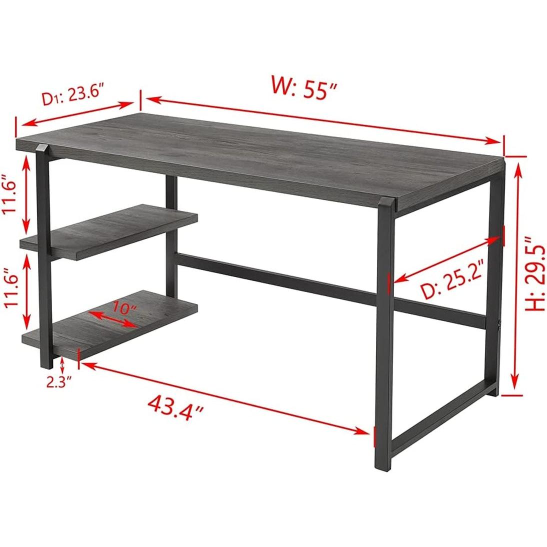 Grey Wood Rustic Industrial Computer Desk With Two Shelves