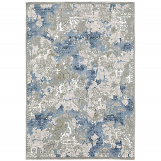 2' X 8' Grey Blue Ivory Navy Beige And Brown Abstract Power Loom Stain Resistant Runner Rug