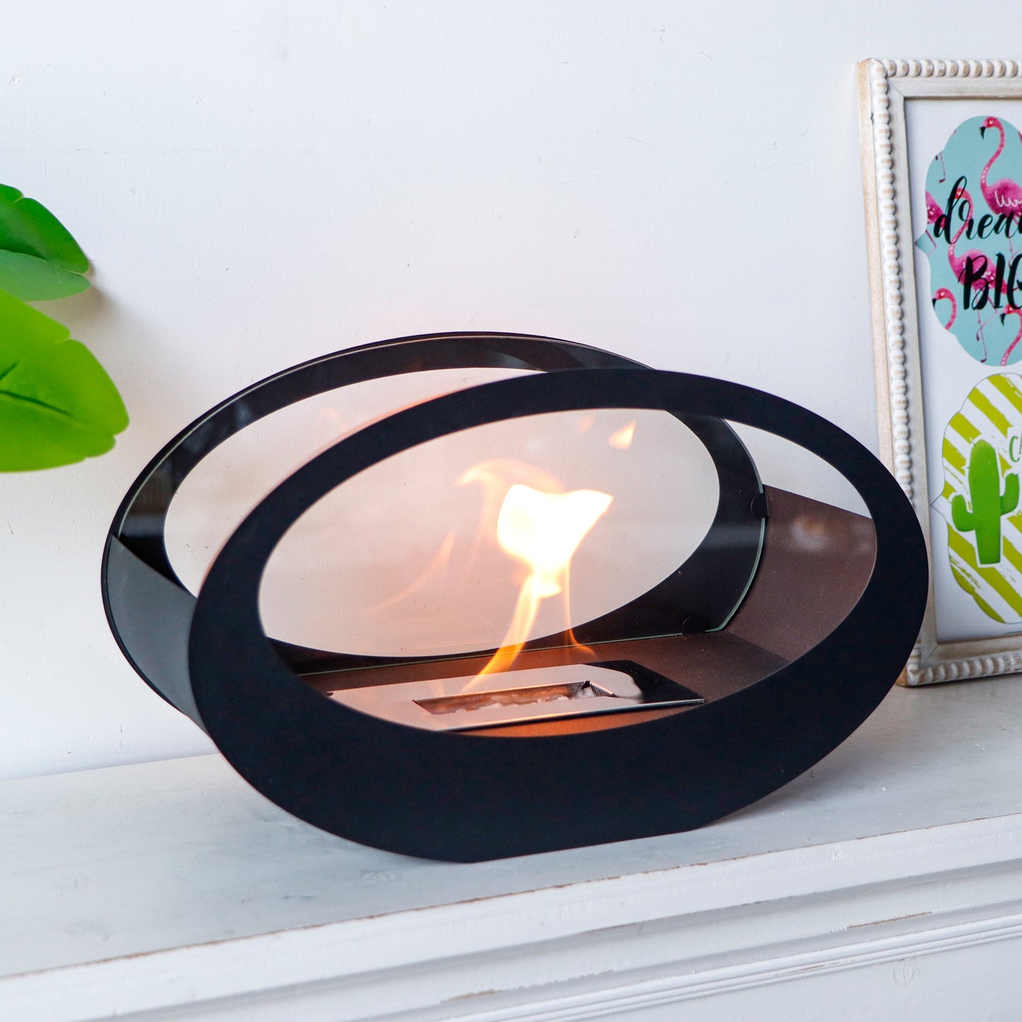 16x9.5 Inch Black Metal Tabletop Fireplace | Double Sided Oval Bio-Ethanol Fire Bowl for Indoor/Outdoor
