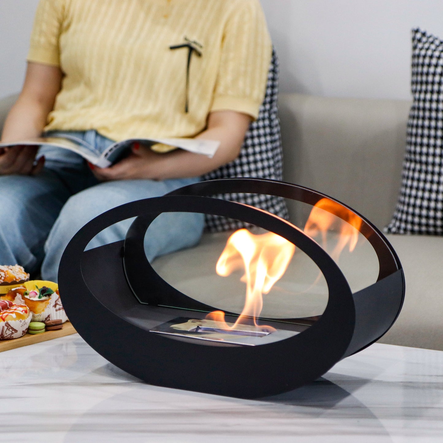 16x9.5 Inch Black Metal Tabletop Fireplace | Double Sided Oval Bio-Ethanol Fire Bowl for Indoor/Outdoor