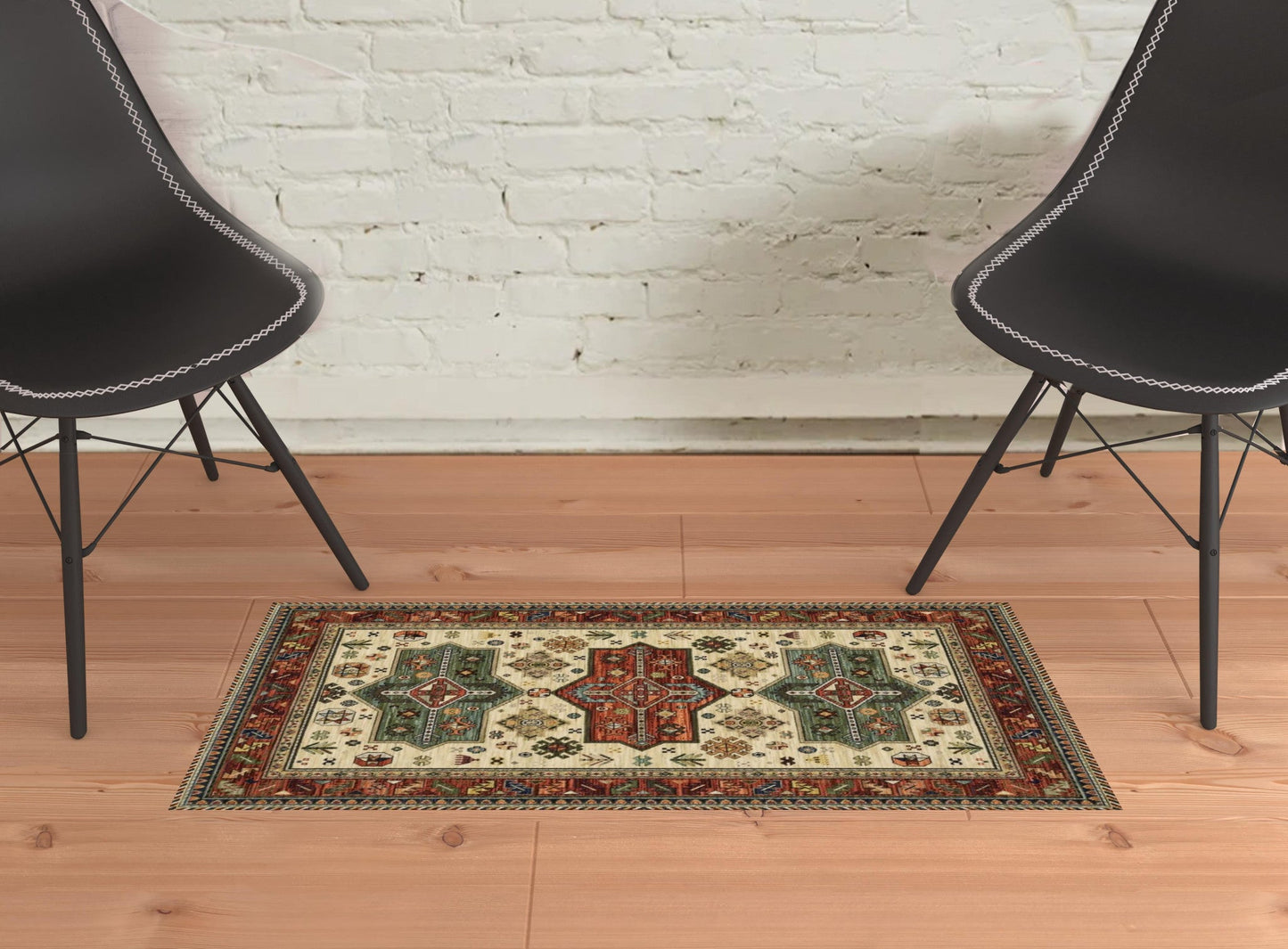 2' X 3' Brick Red Orange Rust Beige Gold Pale Blue Olive Navy And Black Oriental Power Loom Stain Resistant Area Rug With Fringe