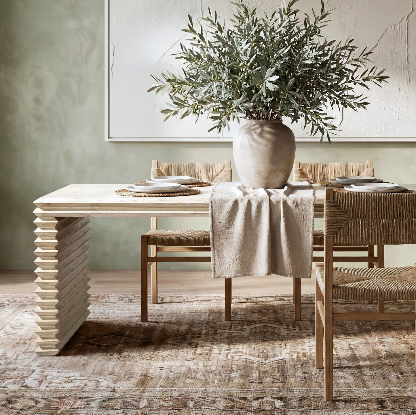 Veda 94' Reclaimed Wood Stacked Geometric Waterfall Dining Table, Seats up to 8, Whitewashed Natural Reclaimed Pine Wood