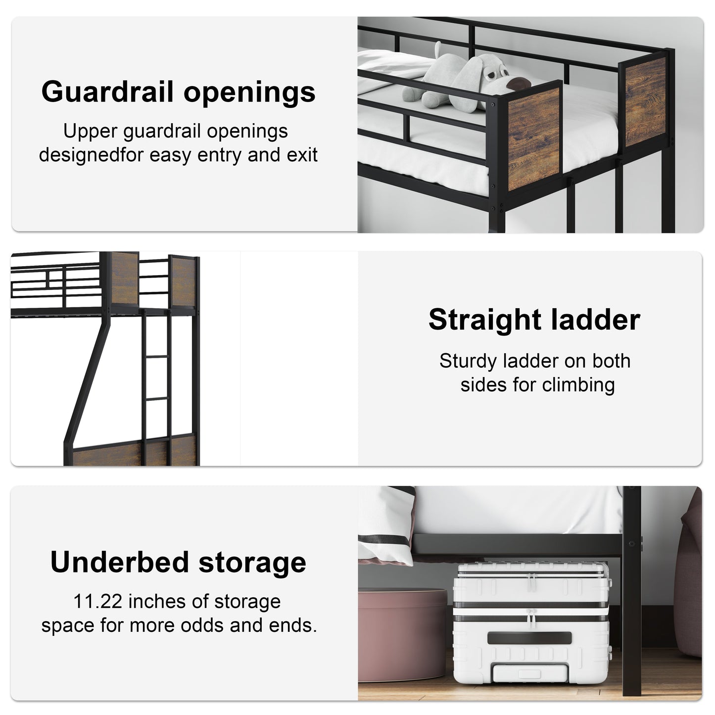 Twin Over Full Bunk Beds, Metal Bunk Bed Frame with Safety Guardrail and 2 Ladder for Kids,Sturdy Metal Frame and Protective Board Supports, No Box Spring Needed, Easy Assembly