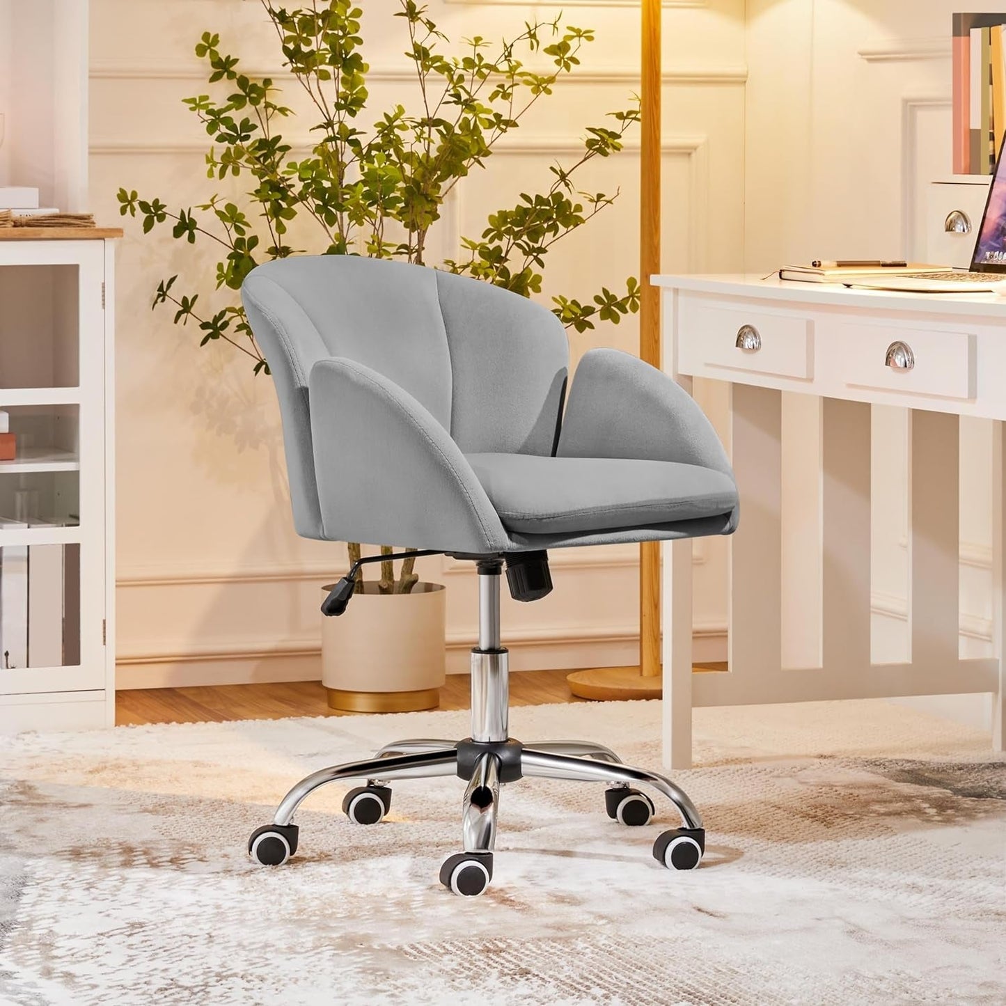 Velvet Desk Chair Armrests Light Gray Modern Office Chair