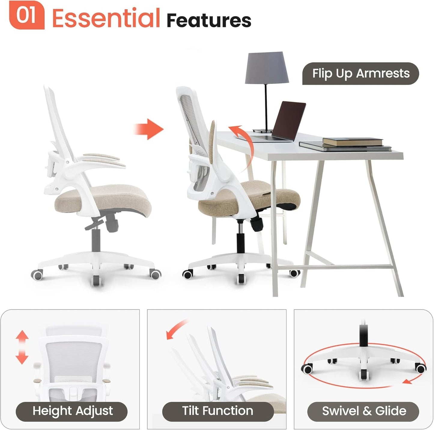 Beige High Back Mesh Office Chair With Adjustable Height And Ergonomic Design