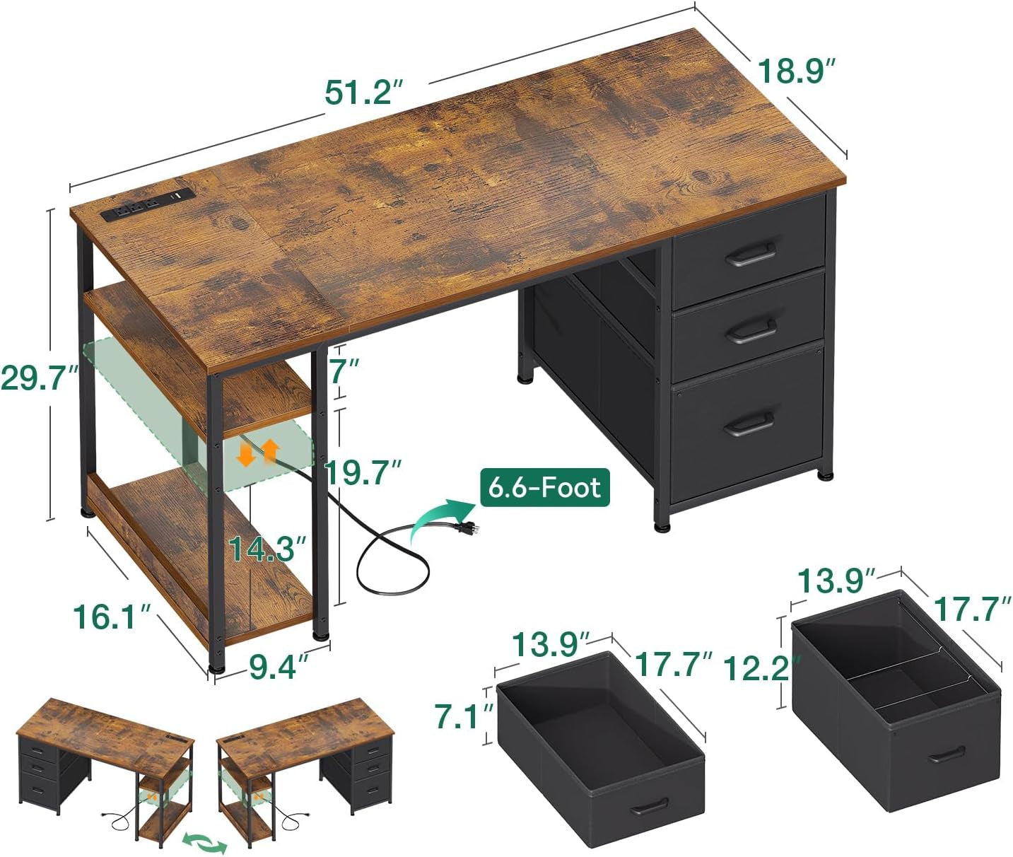 51 Inch Computer Desk With USB Outlets And Fabric Drawers