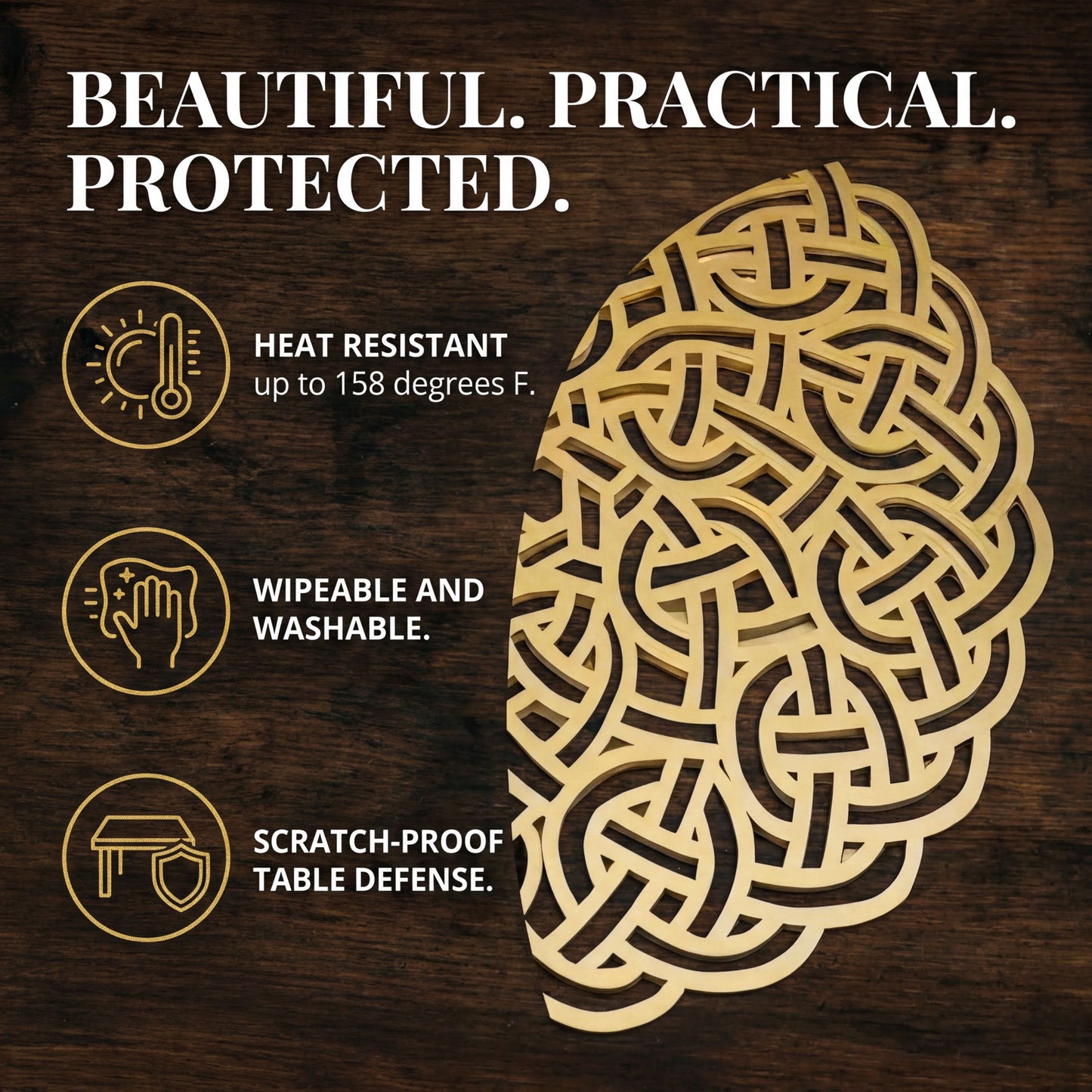 Gold Wooden Trivet – Heat Resistant MDF Wood Carved Placemats for Dining Table