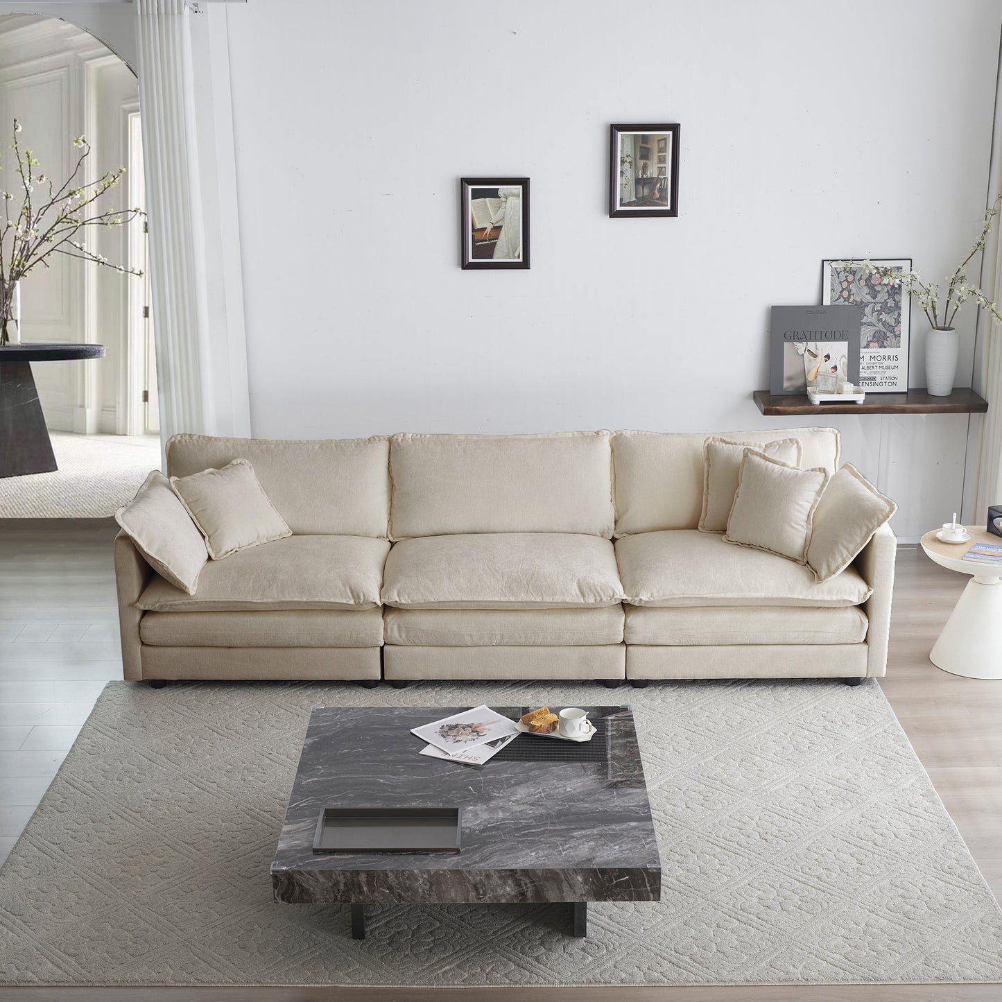 Mid-Century Modern Couch 3-Seater Sofa with Pillows