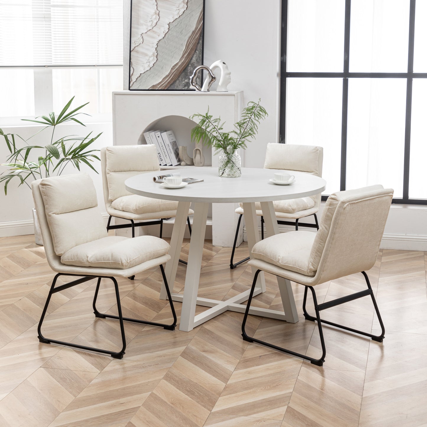 Innes 5-Piece Round Dining Set, Trestle Dining Table with 4 Stylish Chairs, Vanilla