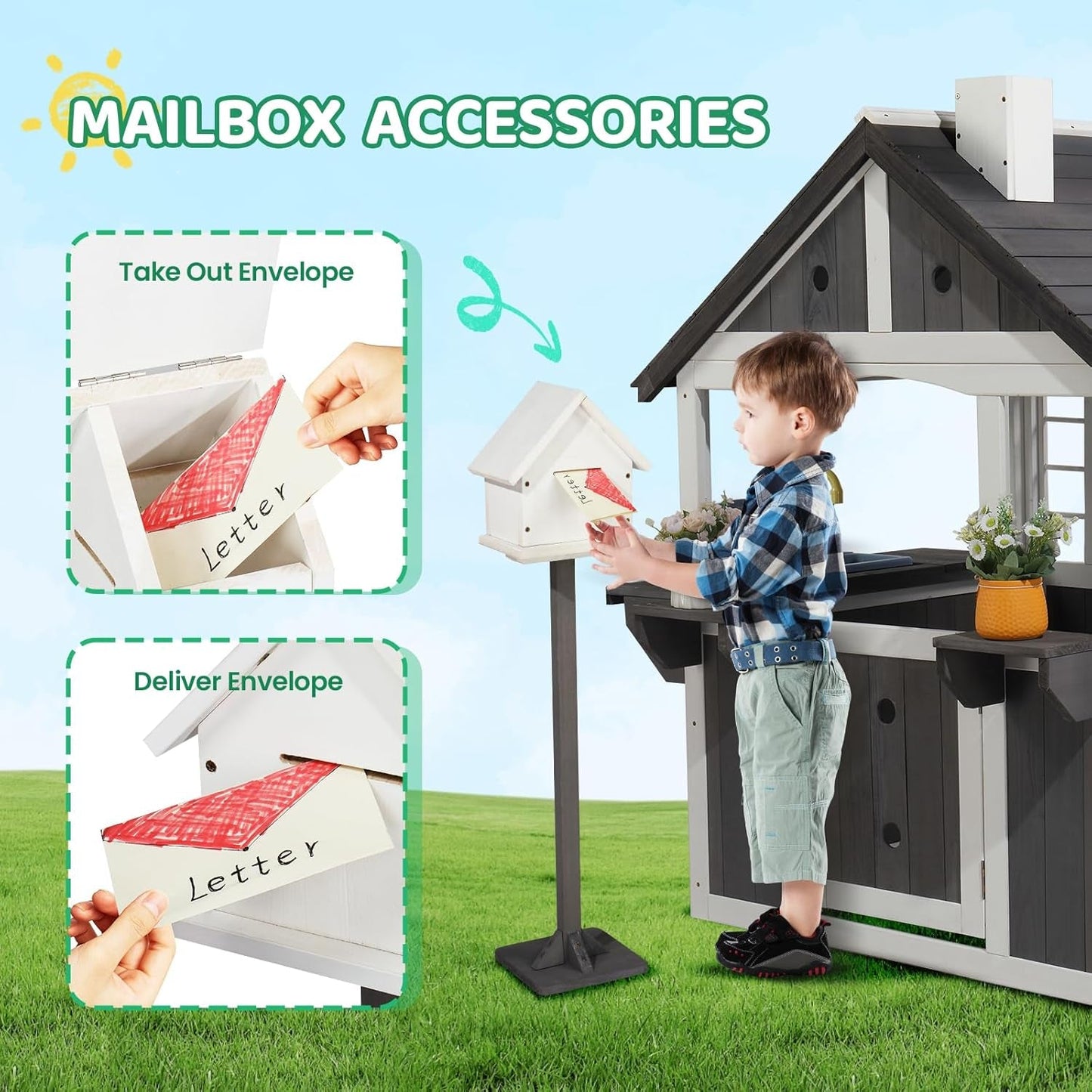 Wooden Outdoor Playhouse Gray White Integrated Sink