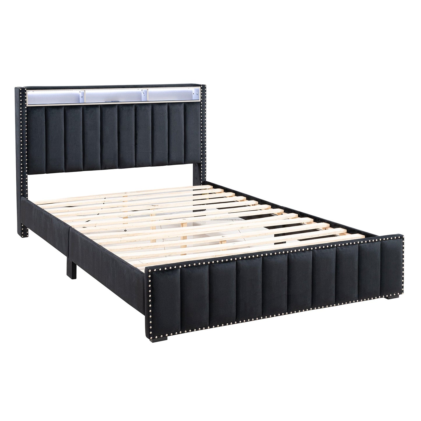 Queen Size Bed And 2x Nightstands Bedroom Furniture Luxury Look Black Fabric Upholstered Bedframe w LED Nailhead Trim 3pc Bedroom Set