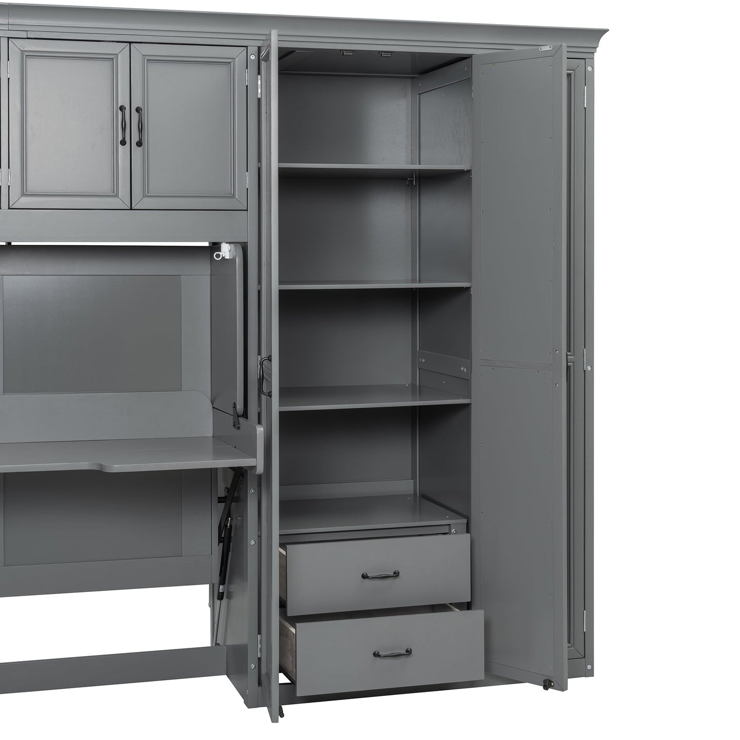 Twin Size Murphy Bed Wall Bed with Wardrobe, Cabinet and Desk, Gray