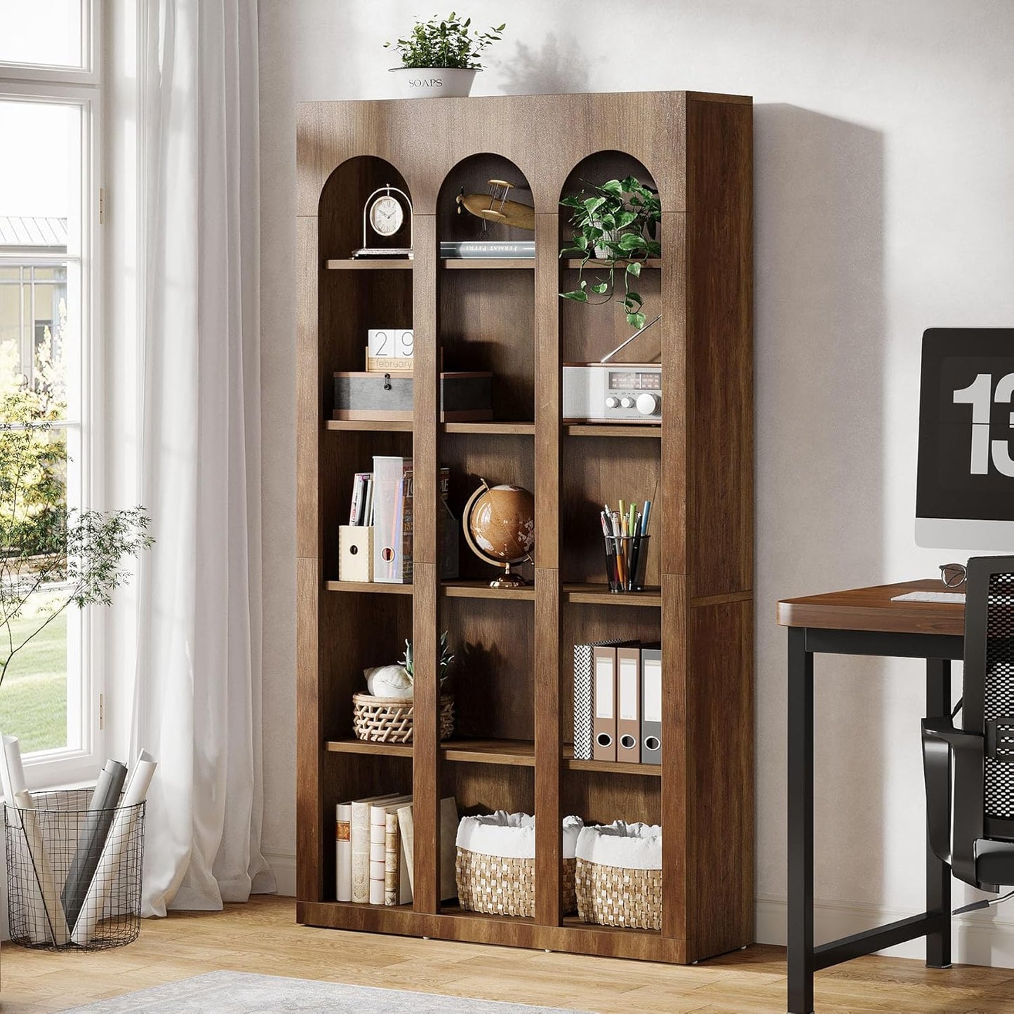 70.87" 5-Tier Rustic Brown Farmhouse Arched Bookcase