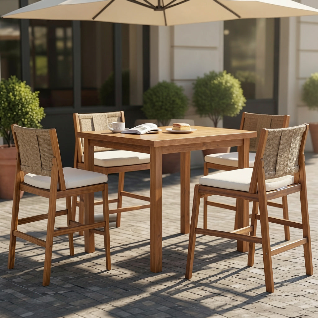 4 Pieces Natural Outdoor Bar Stool Solid Acacia Wood and Woven Wicker