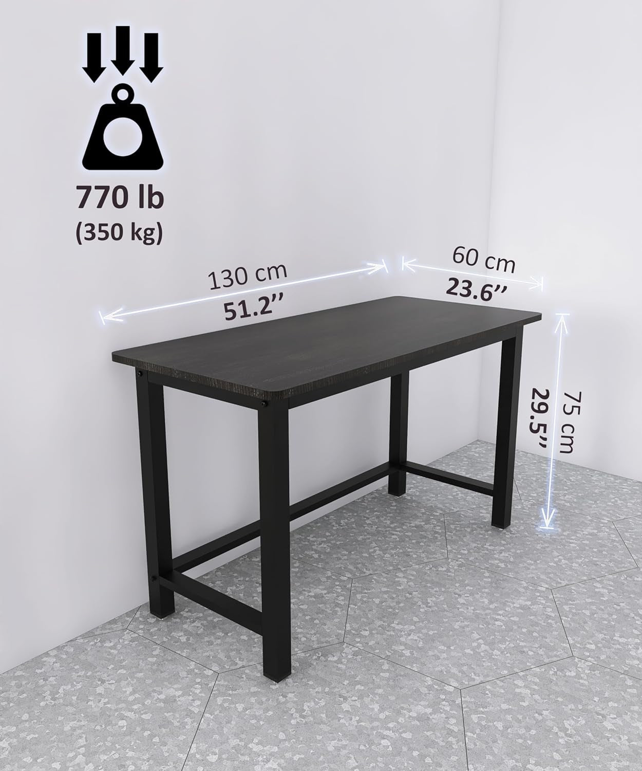 51 Inch Black Steel Computer Desk Heavy Duty 770 Lb