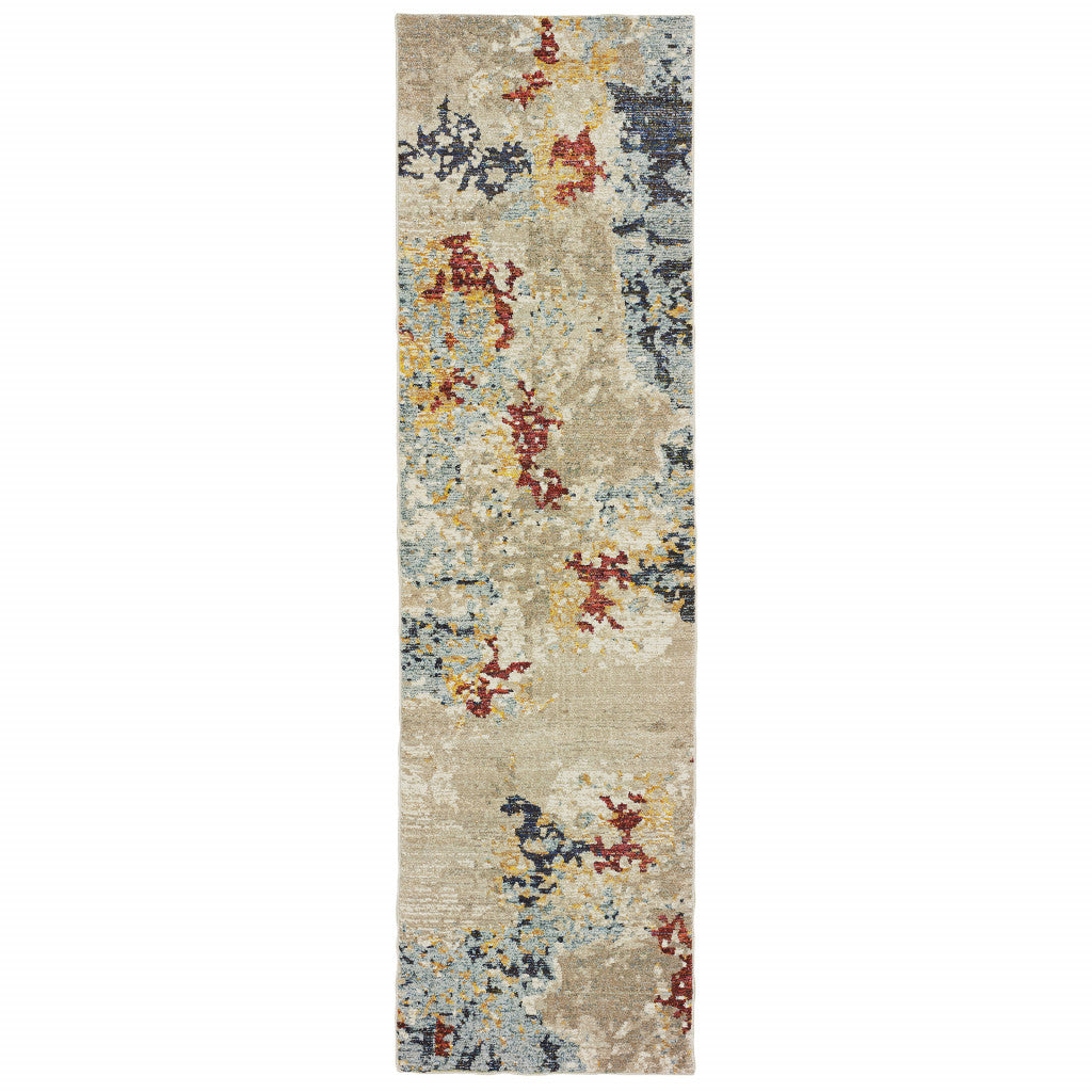 8' Runner Blue and Beige Abstract Power Loom Runner Rug