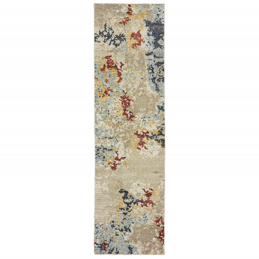 8' Runner Blue and Beige Abstract Power Loom Runner Rug