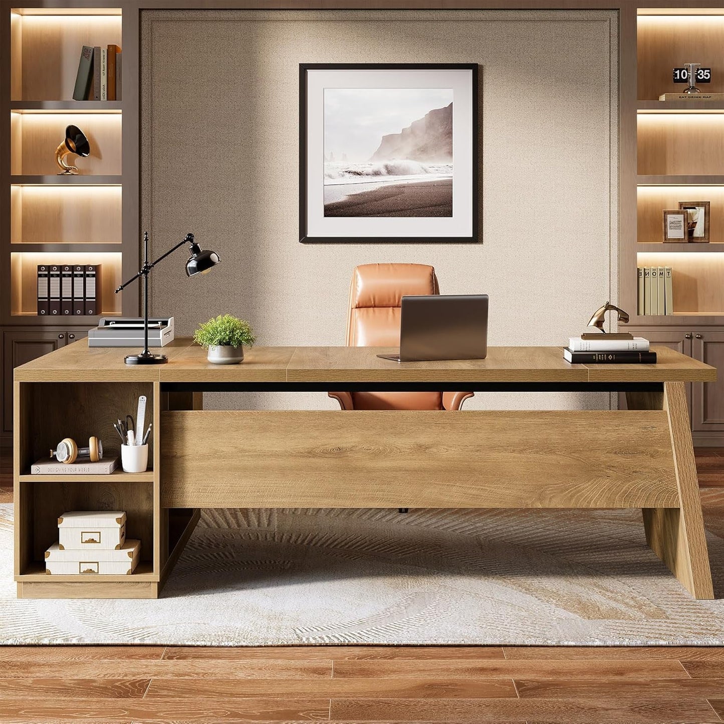 Executive Corner Desk 78 Inch Drawers Brown Shelves