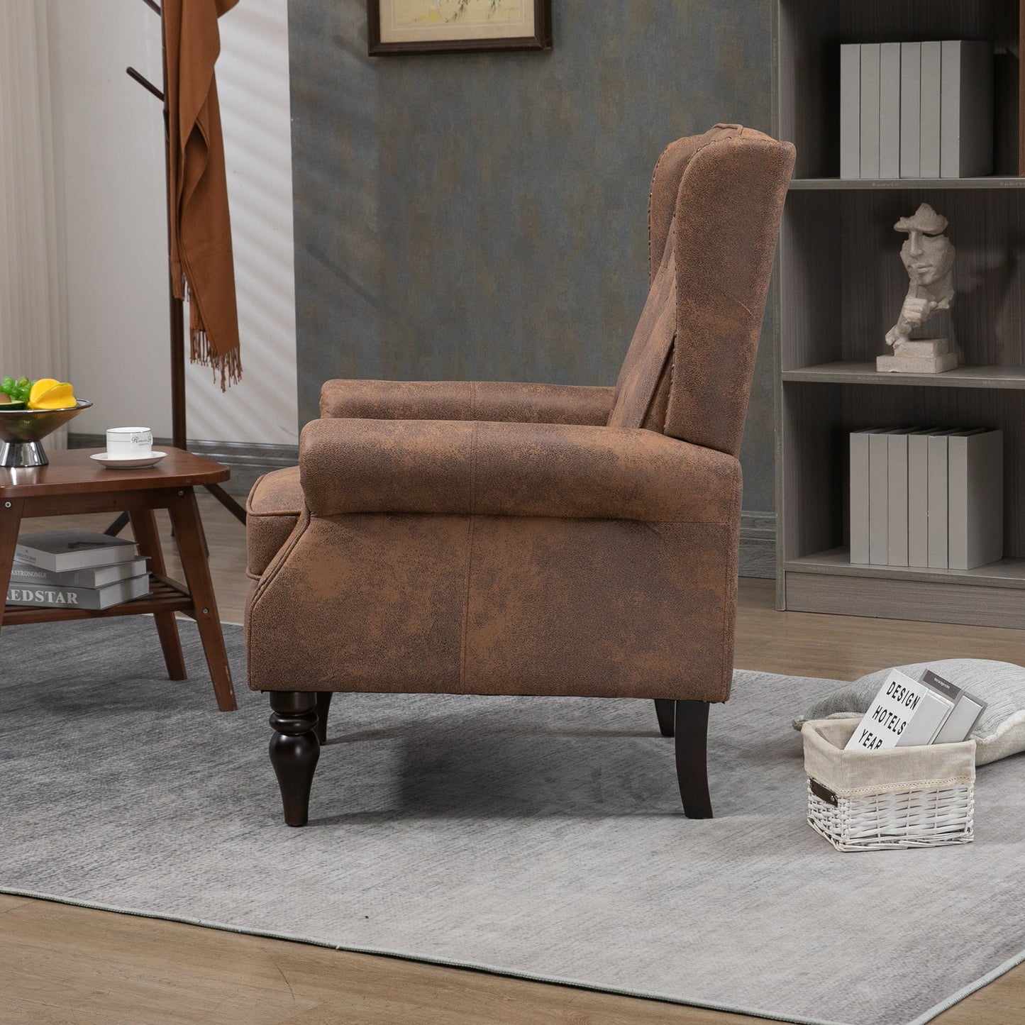 Modern Coffee Wood Frame Armchair with Microsuede Upholstery