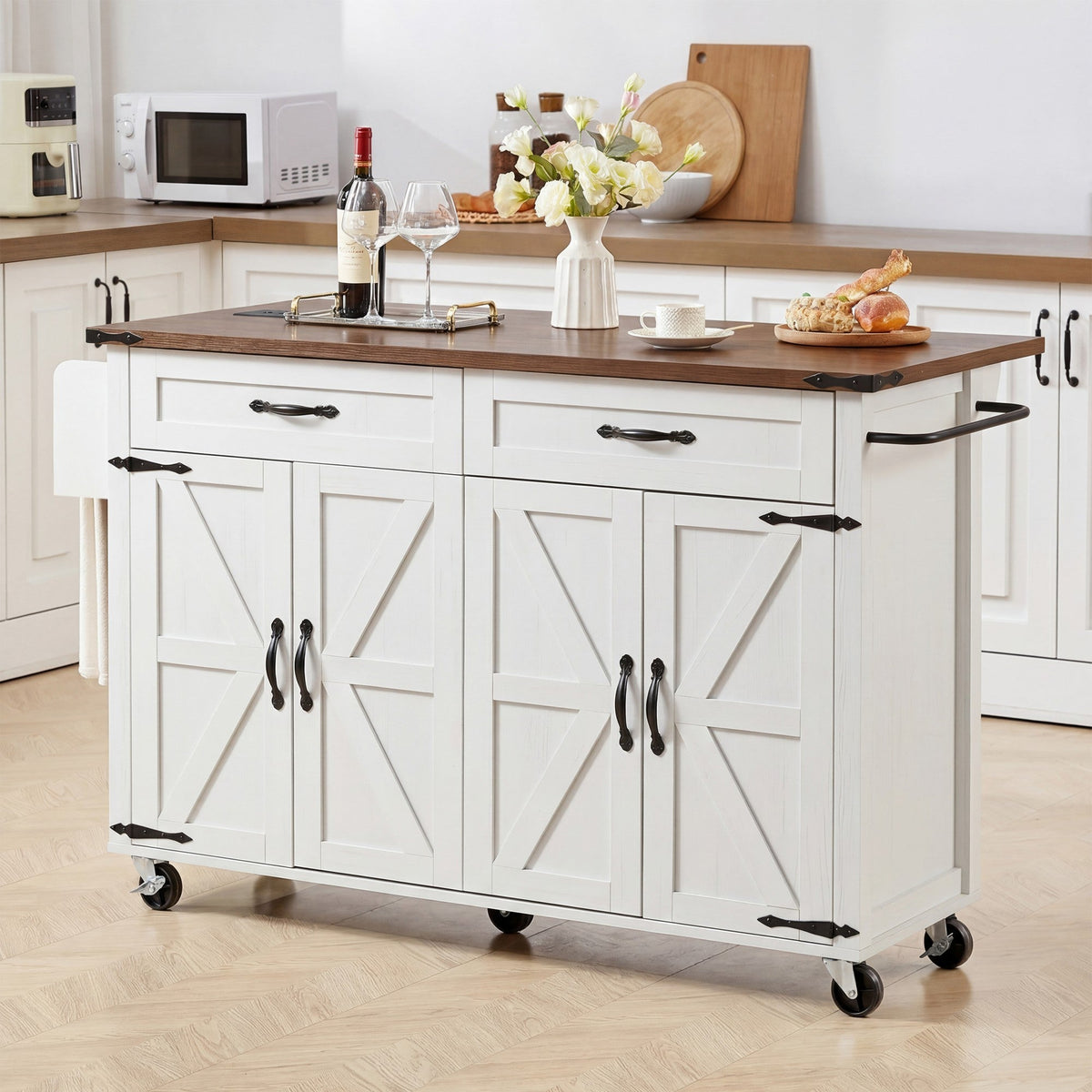 K&K Farmhouse Kitchen Island with Power Outlet