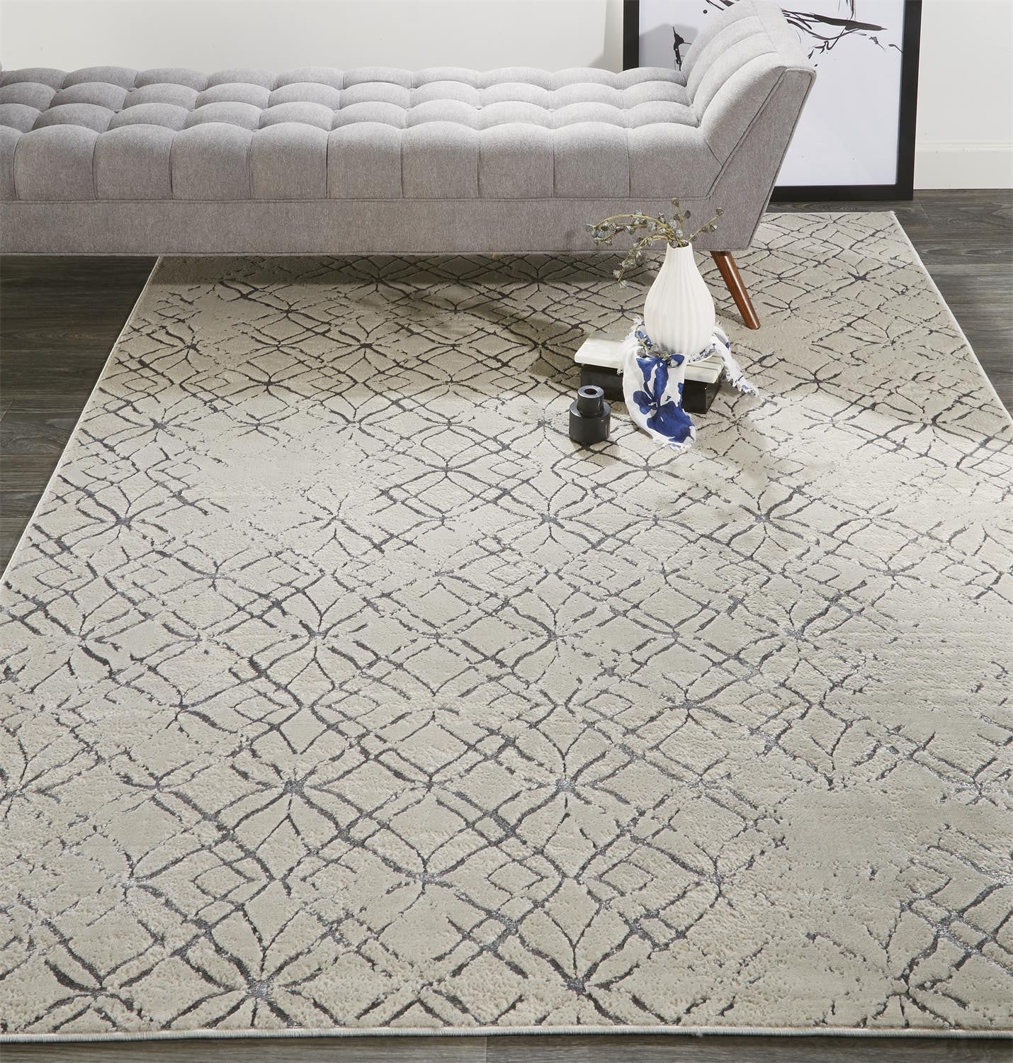 8' Silver Gray And White Abstract Stain Resistant Runner Rug