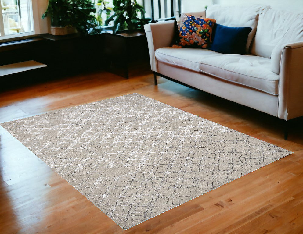8' Silver Gray And White Abstract Stain Resistant Runner Rug