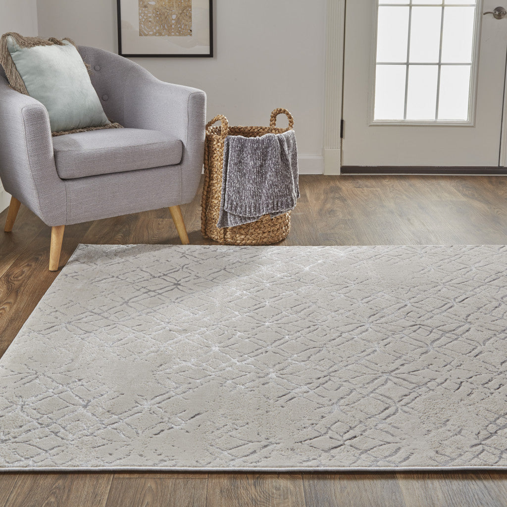 8' Silver Gray And White Abstract Stain Resistant Runner Rug