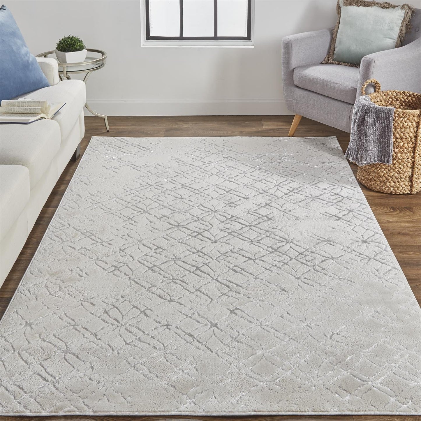 8' Silver Gray And White Abstract Stain Resistant Runner Rug