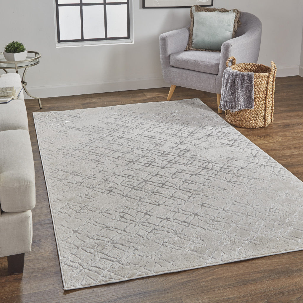 8' Silver Gray And White Abstract Stain Resistant Runner Rug