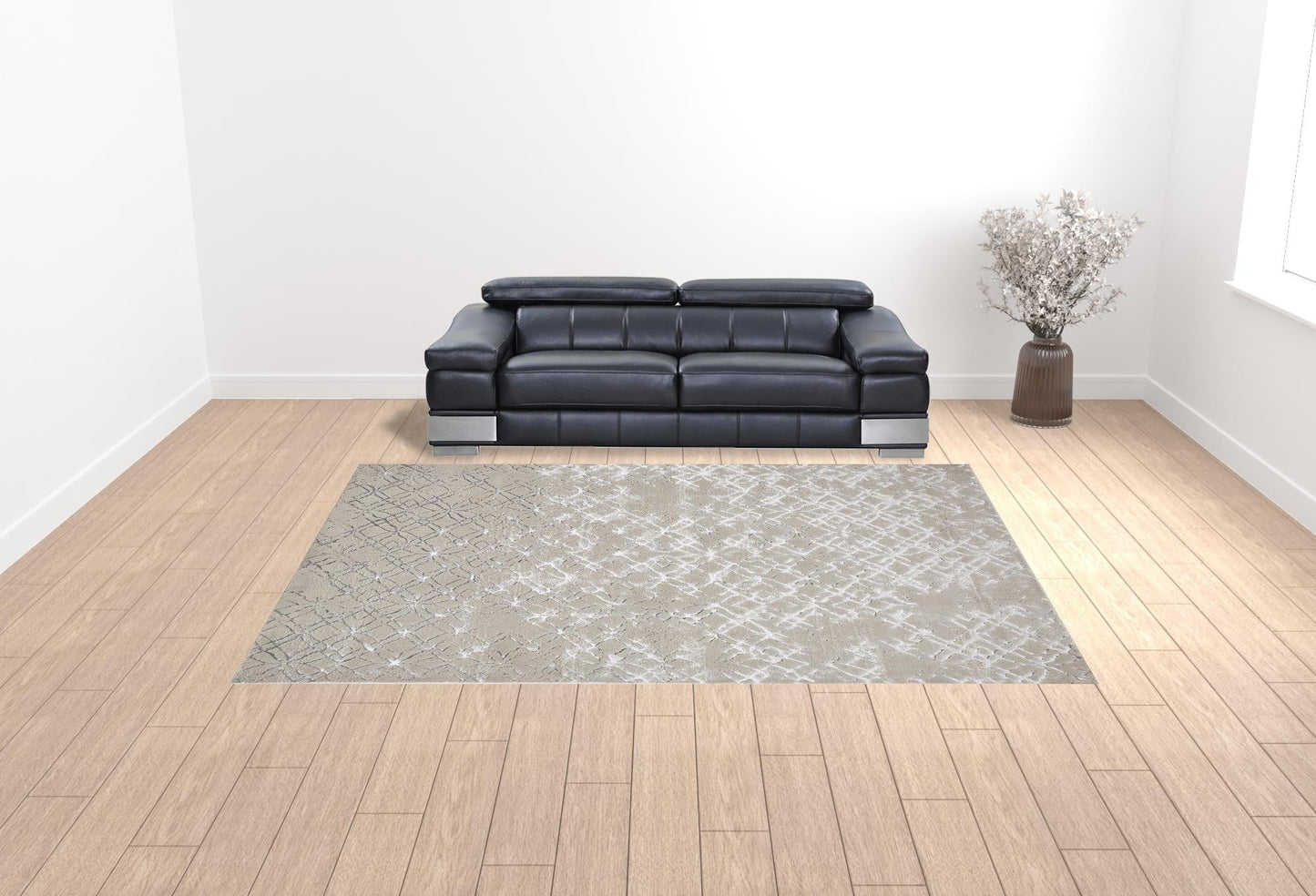 8' Silver Gray And White Abstract Stain Resistant Runner Rug
