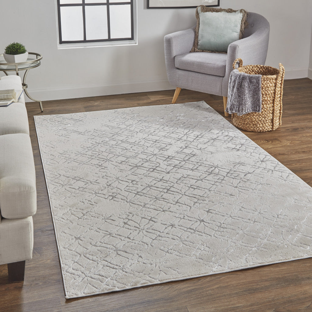 8' Silver Gray And White Abstract Stain Resistant Runner Rug