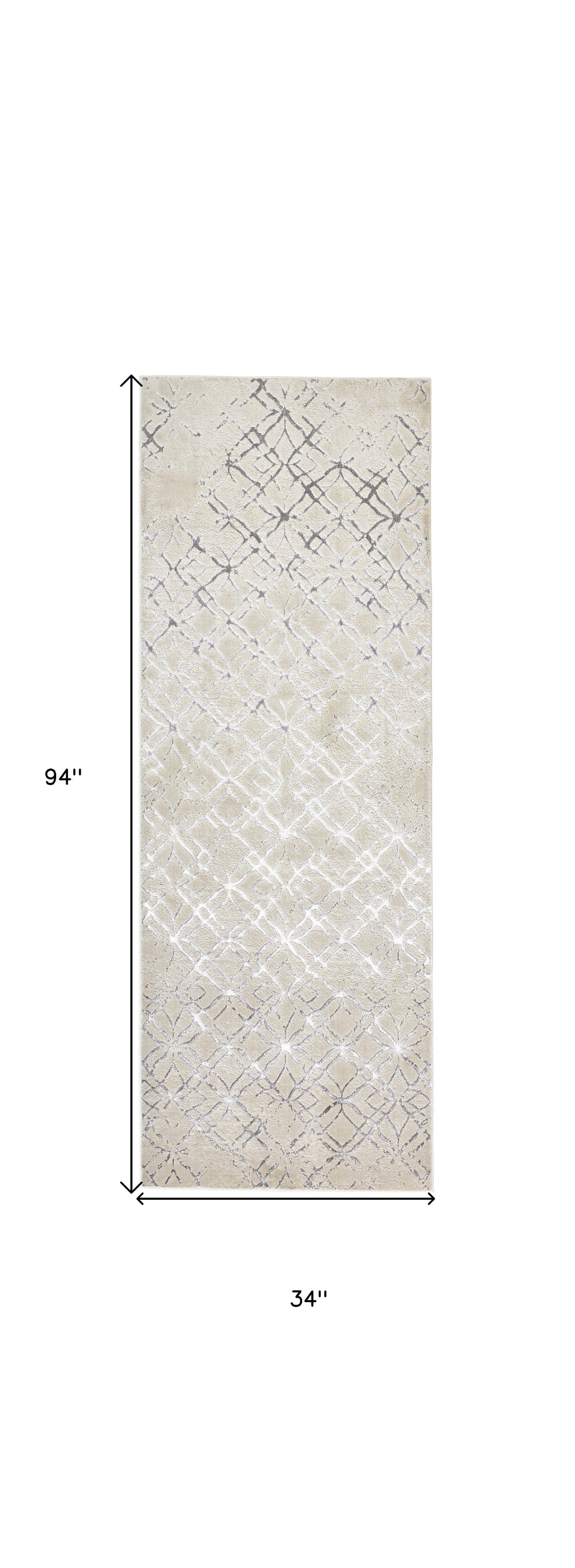 8' Silver Gray And White Abstract Stain Resistant Runner Rug
