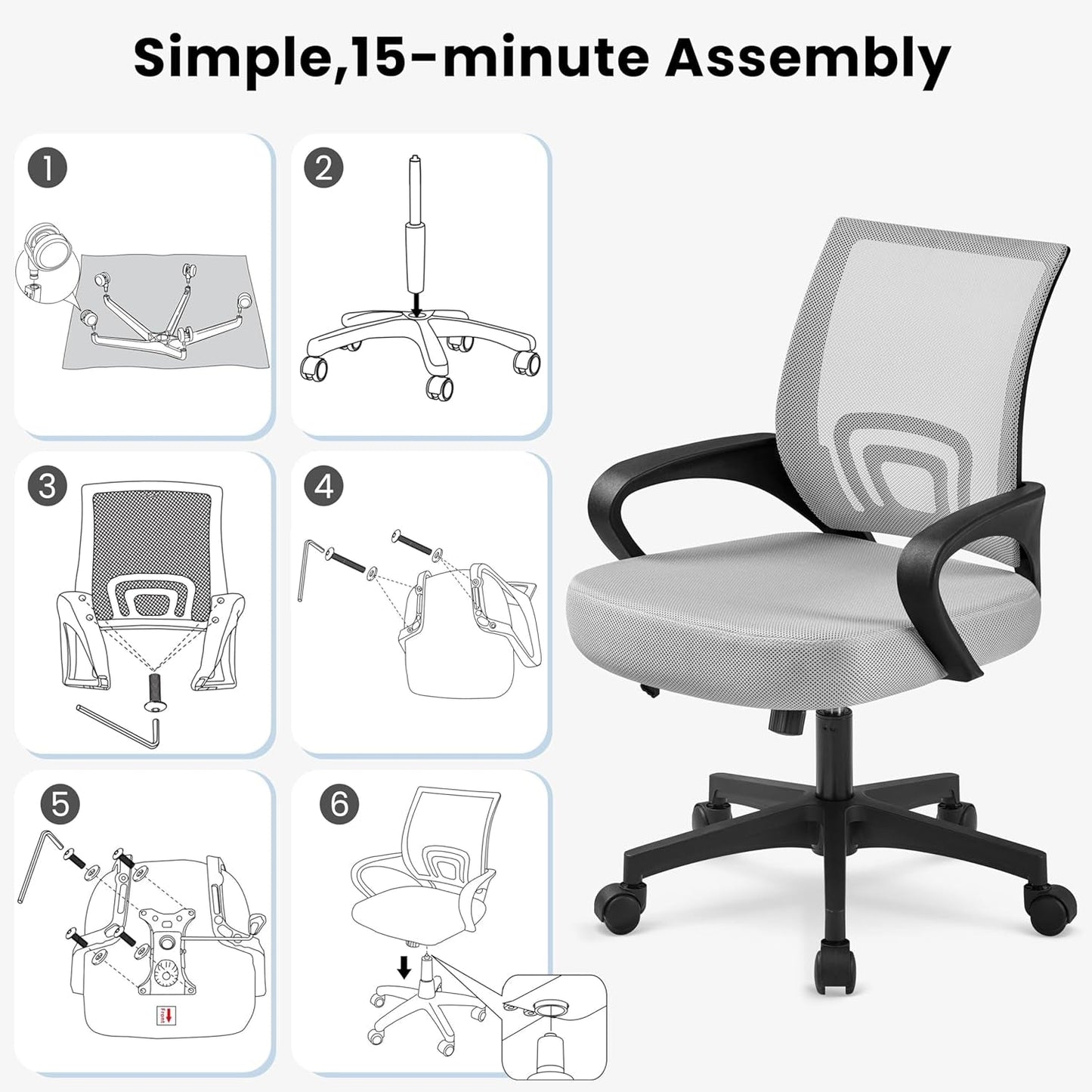 Two Pack Ergonomic Mesh Office Chairs With Lumbar Support And Adjustable Height Swivel Rolling Task Chairs Grey